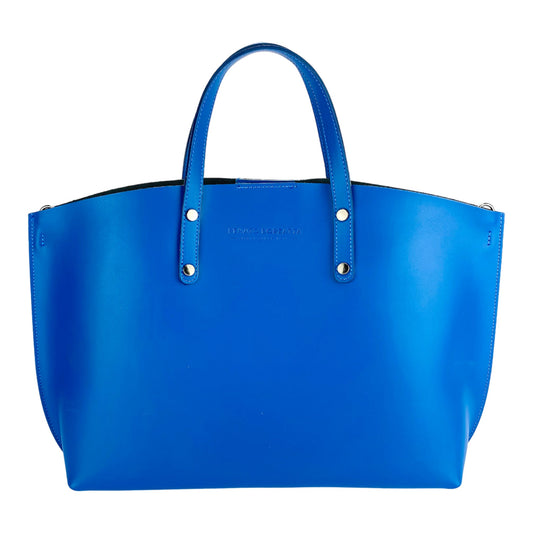 Blue handbag with silver hardware on a white background