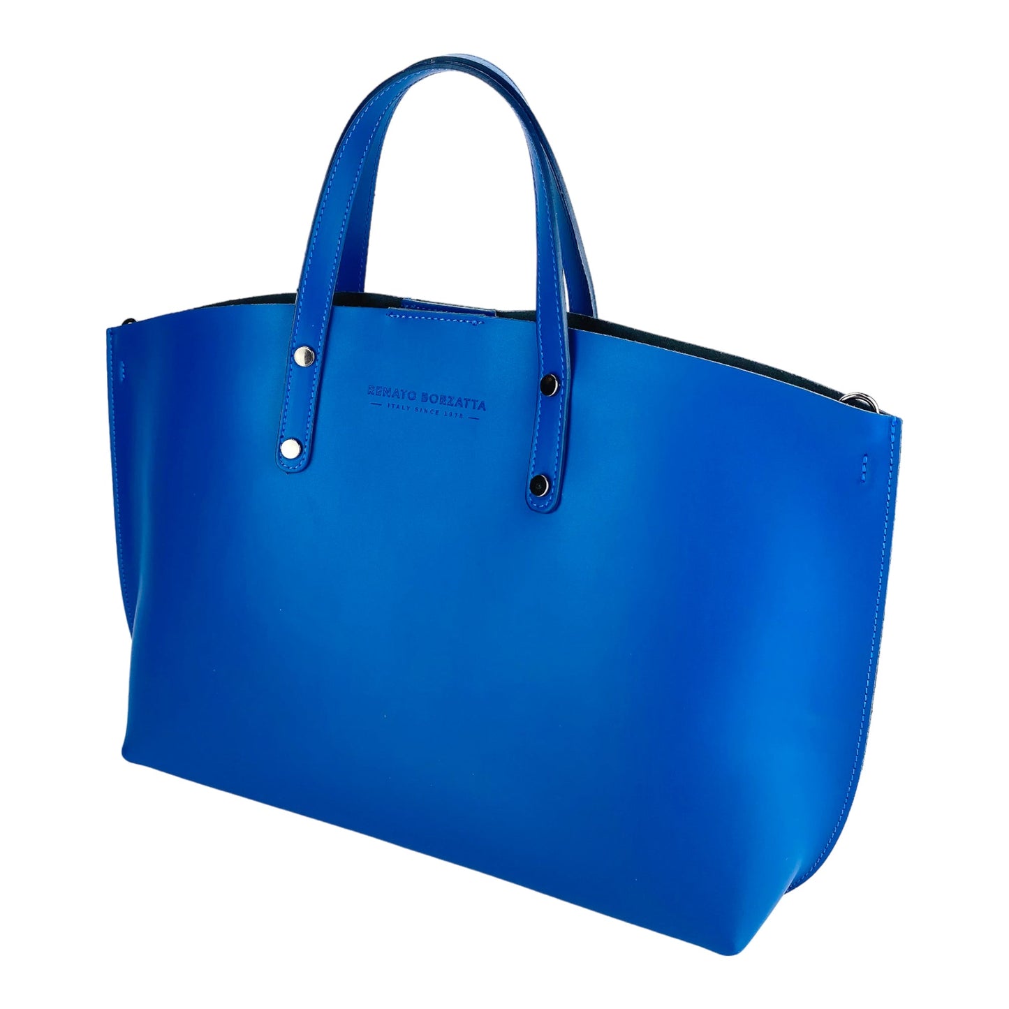 Blue handbag with a visible brand name on a white background