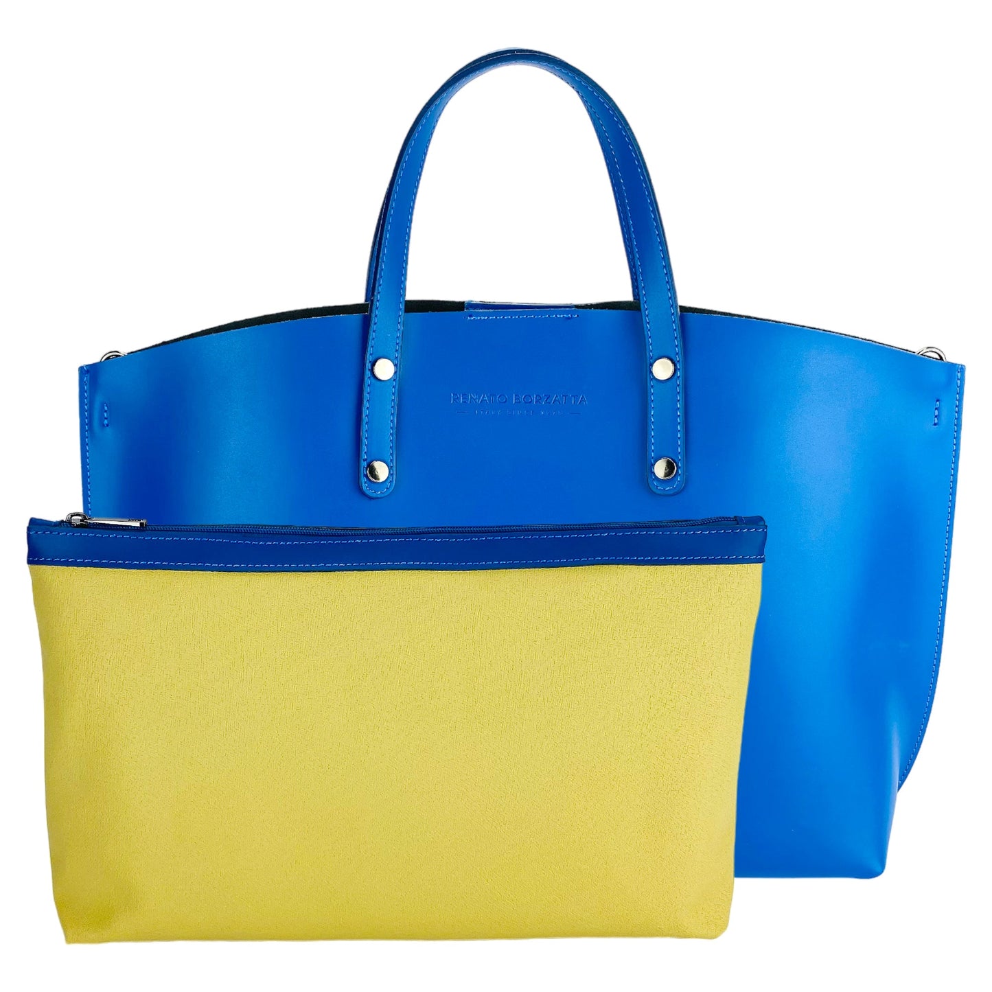 Blue and yellow handbag on a white background