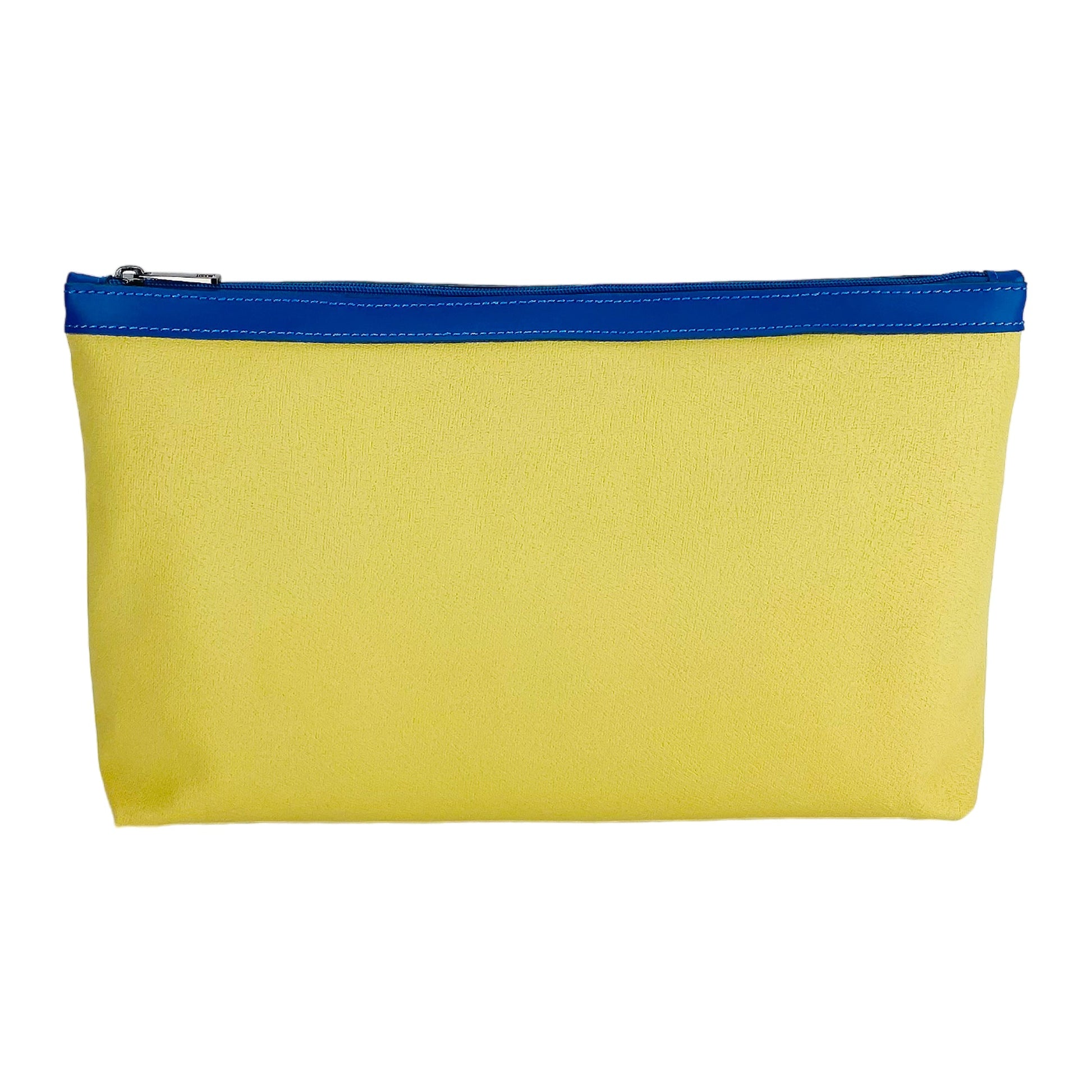 Yellow pouch with a blue zipper on a white background