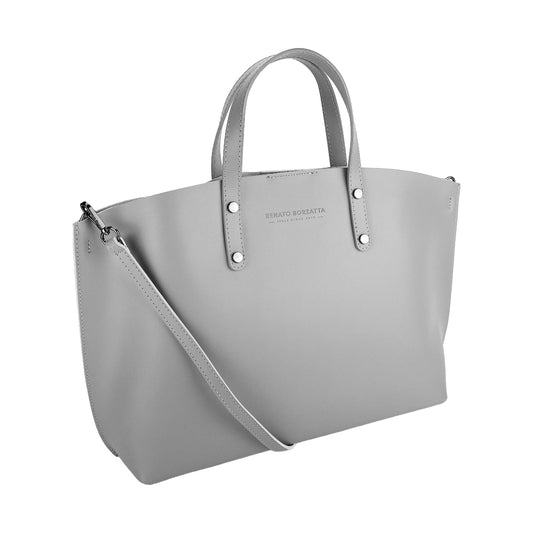 Gray handbag with a shoulder strap on a white background