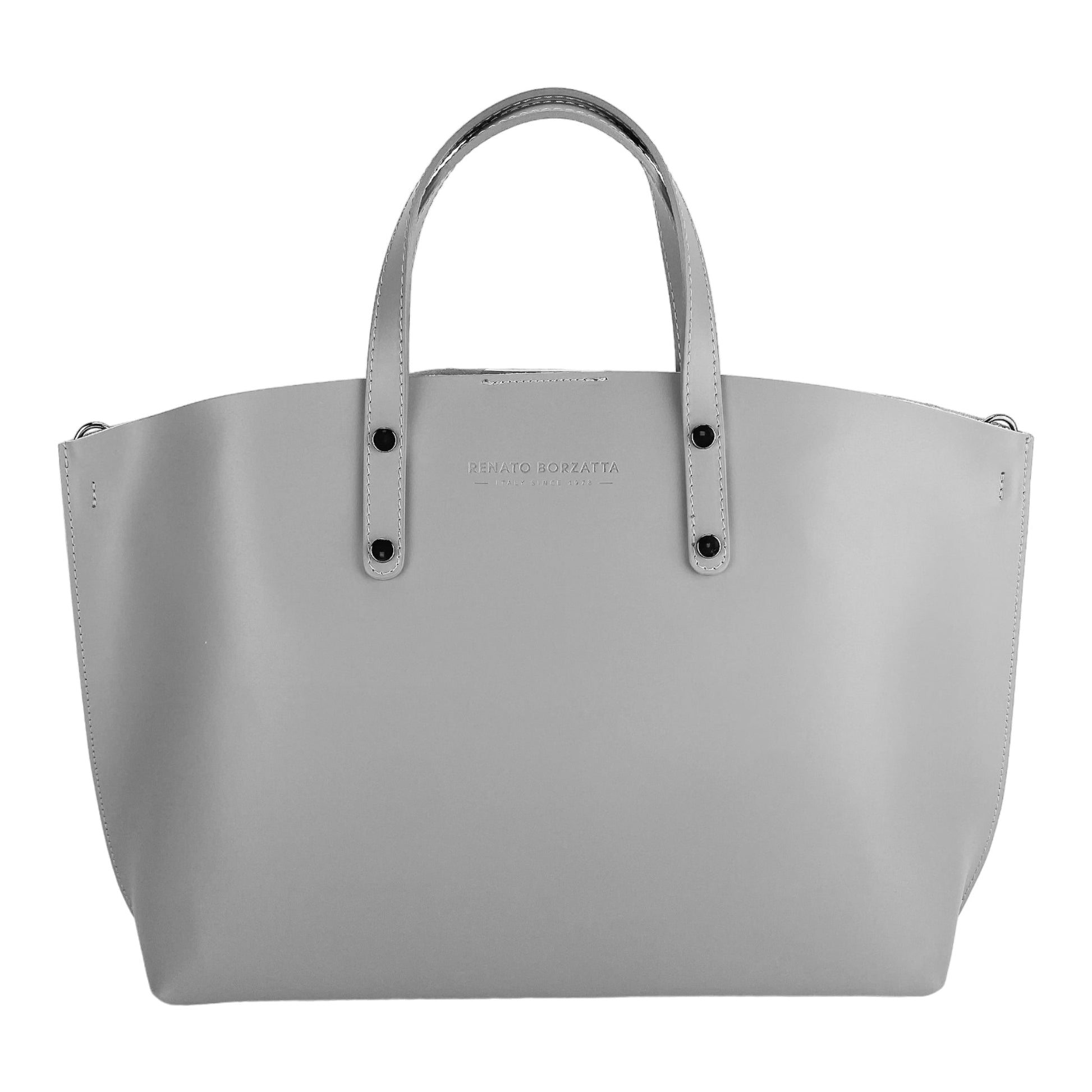 Gray tote bag with brand name on a white background
