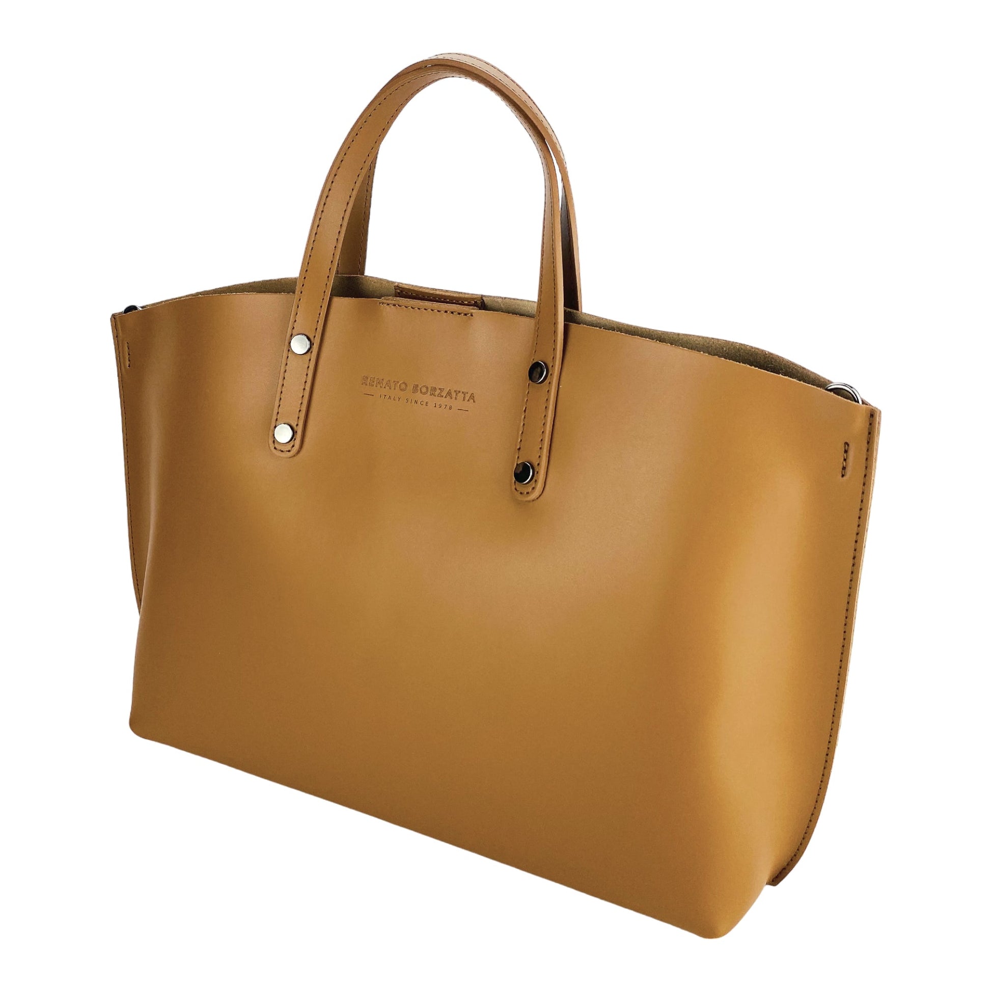 Brown handbag with visible brand name on a white background