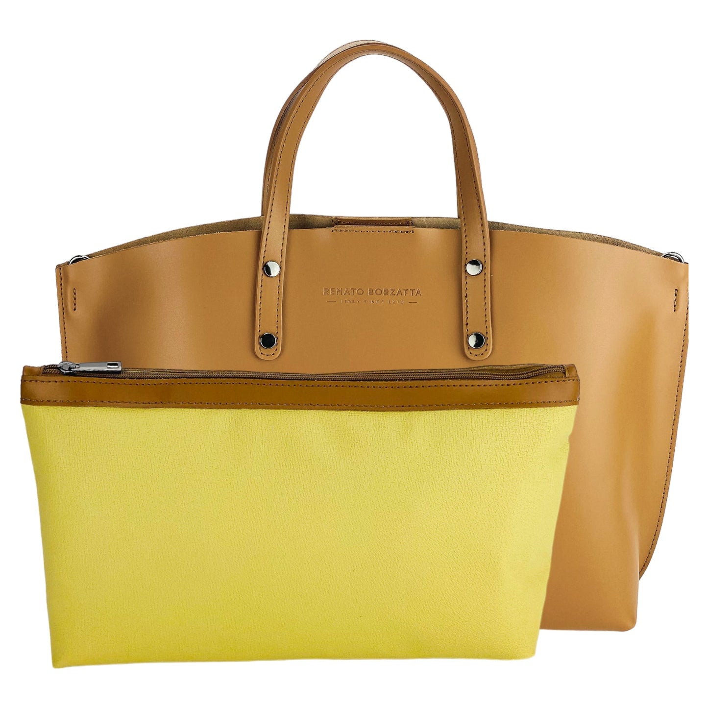 Brown handbag with yellow pouch on a white background