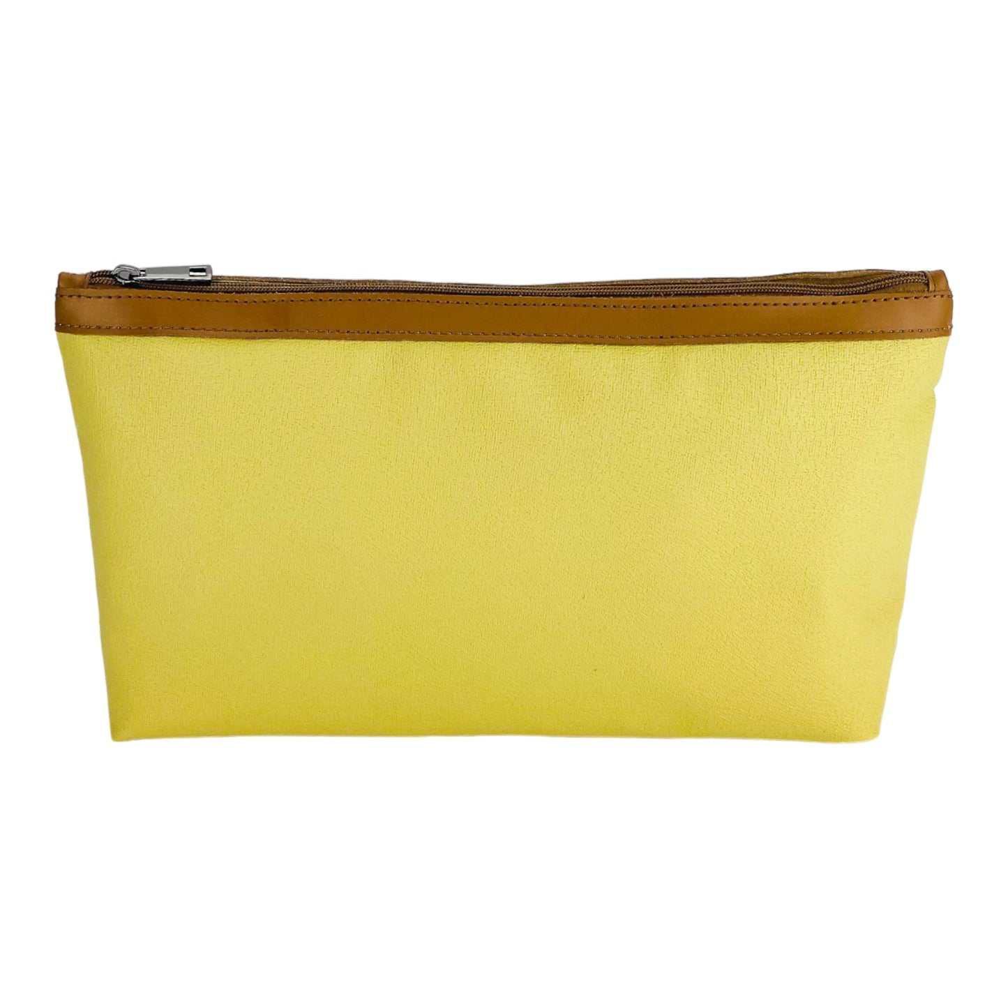 Yellow pouch with brown zipper on a white background