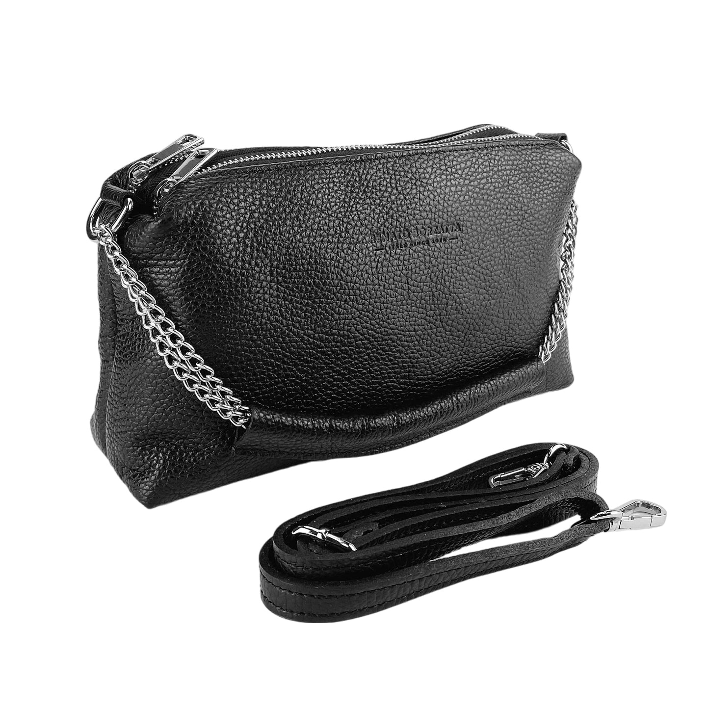 Black leather handbag with chain detail on a white background