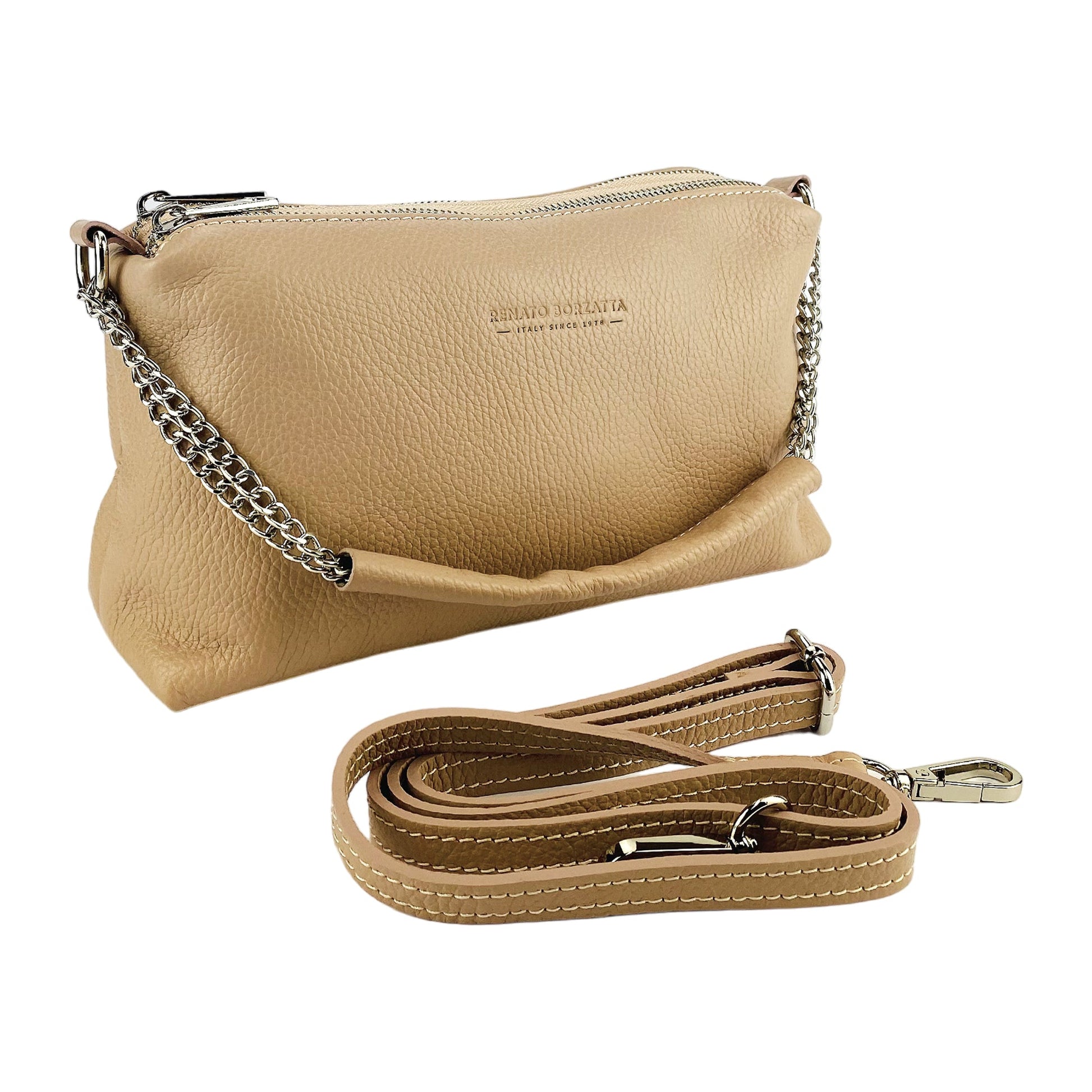 Beige handbag with chain detail and matching strap on a white background