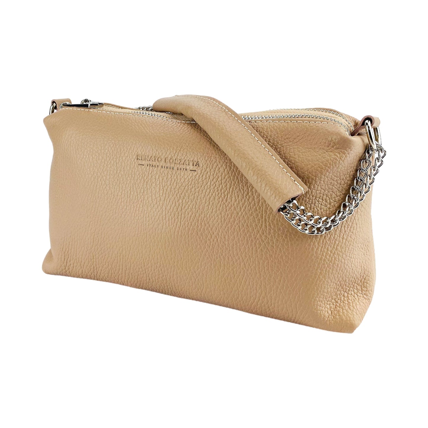 Beige handbag with a chain detail on a white background