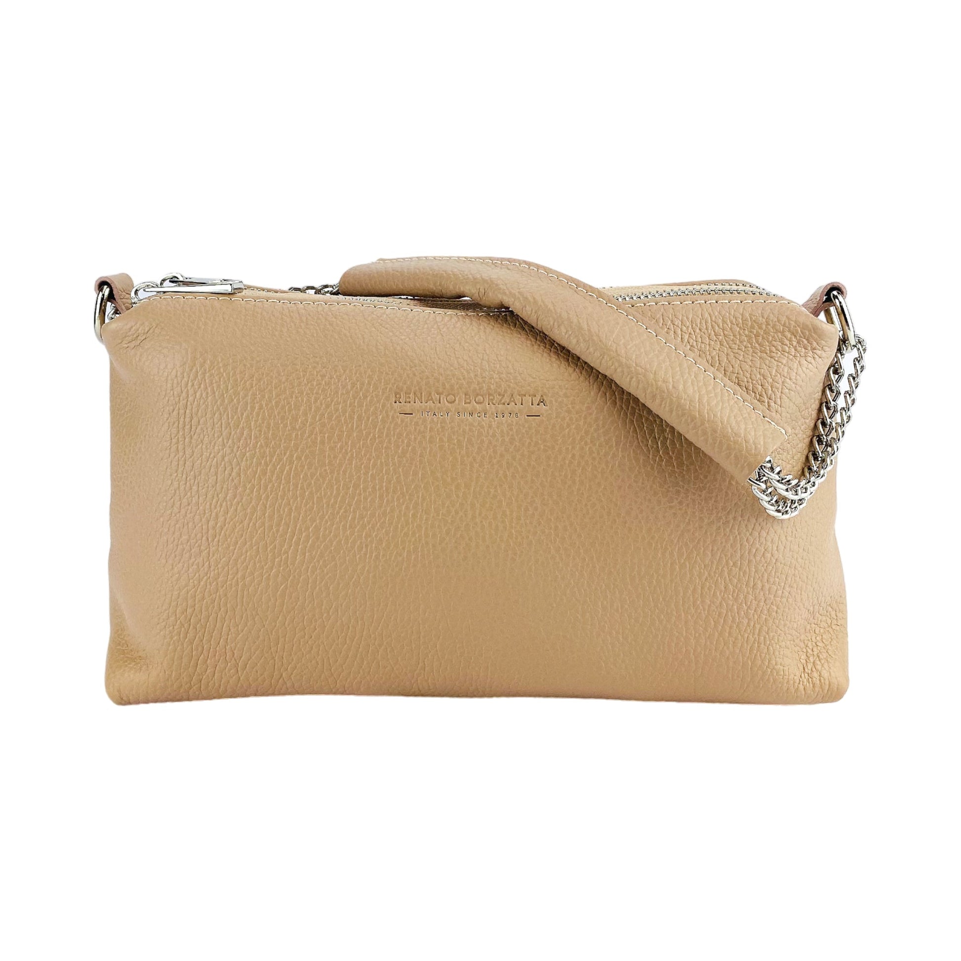 Beige handbag with a chain detail on a white background