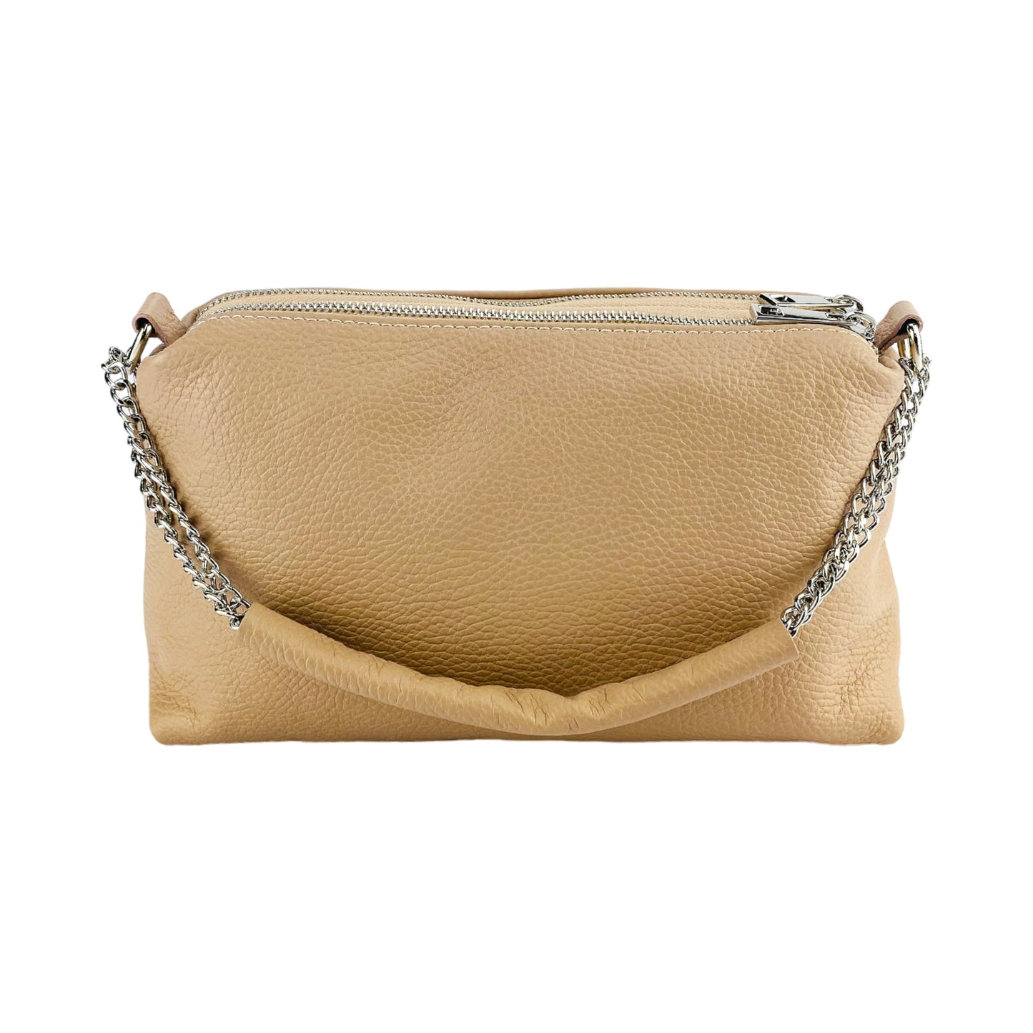 Beige handbag with a chain strap on a white background