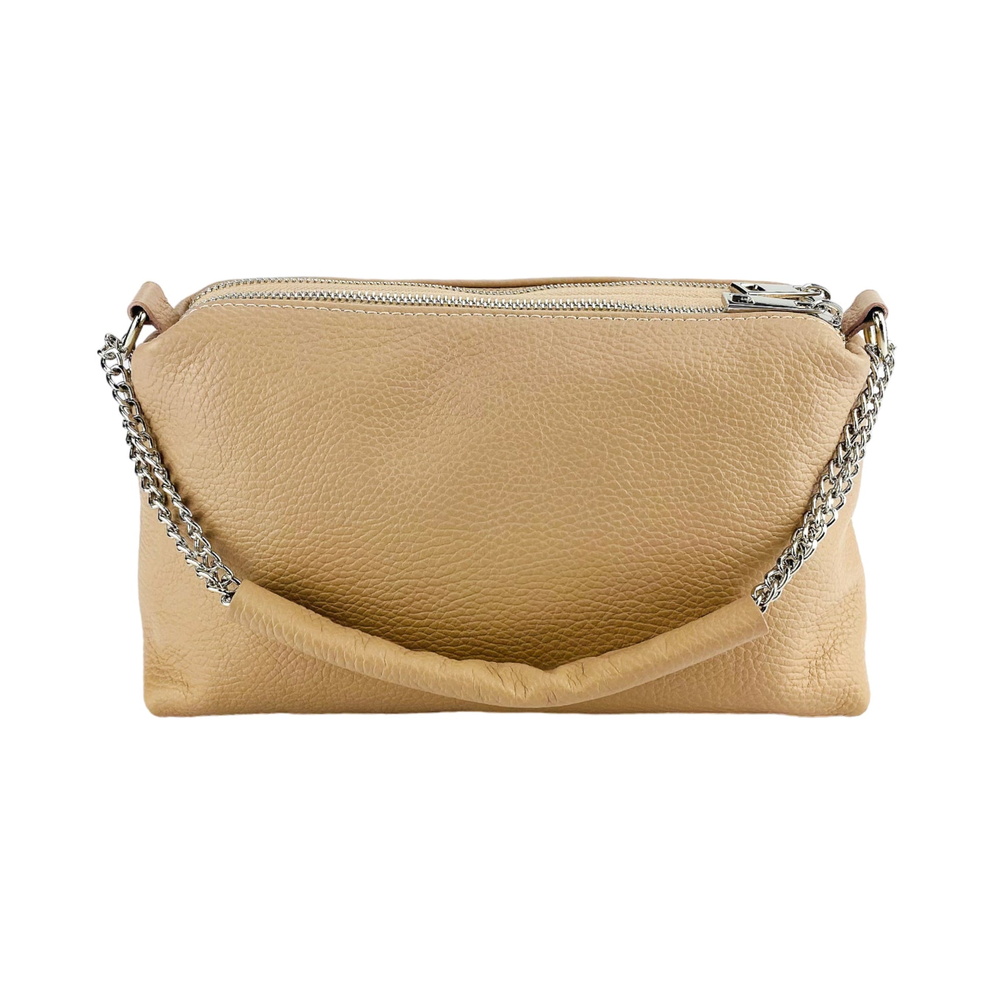 Beige handbag with a chain strap on a white background