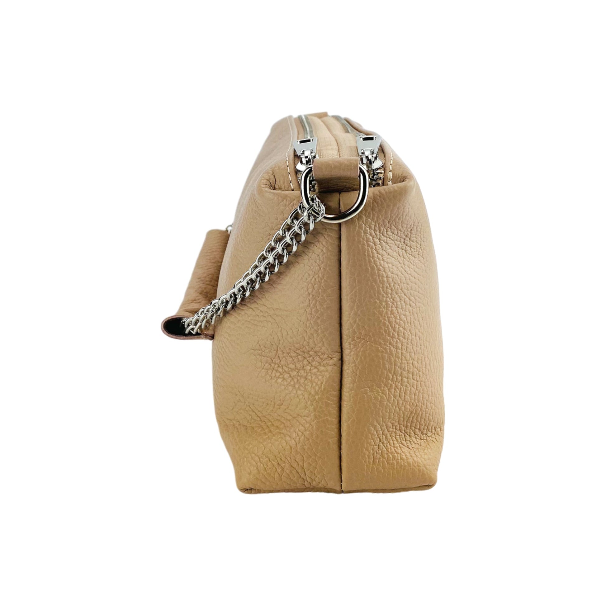 Beige leather handbag with a chain detail on a white background