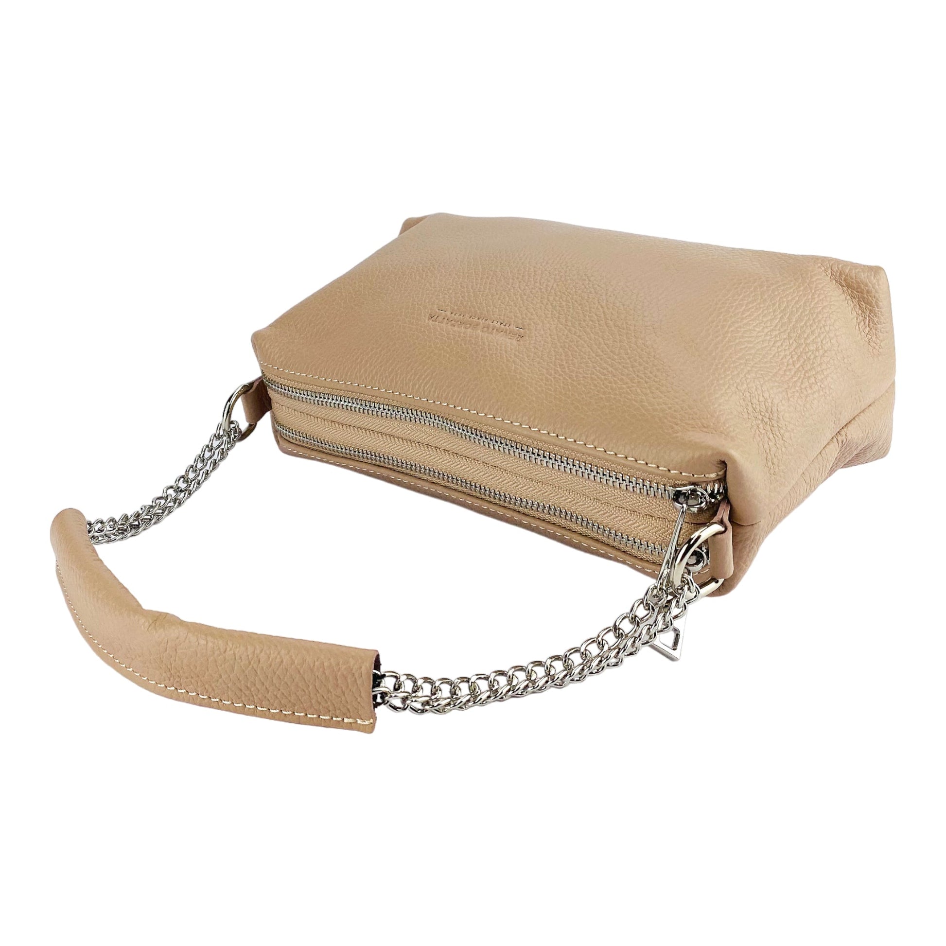 Beige leather handbag with a chain detail on a white background