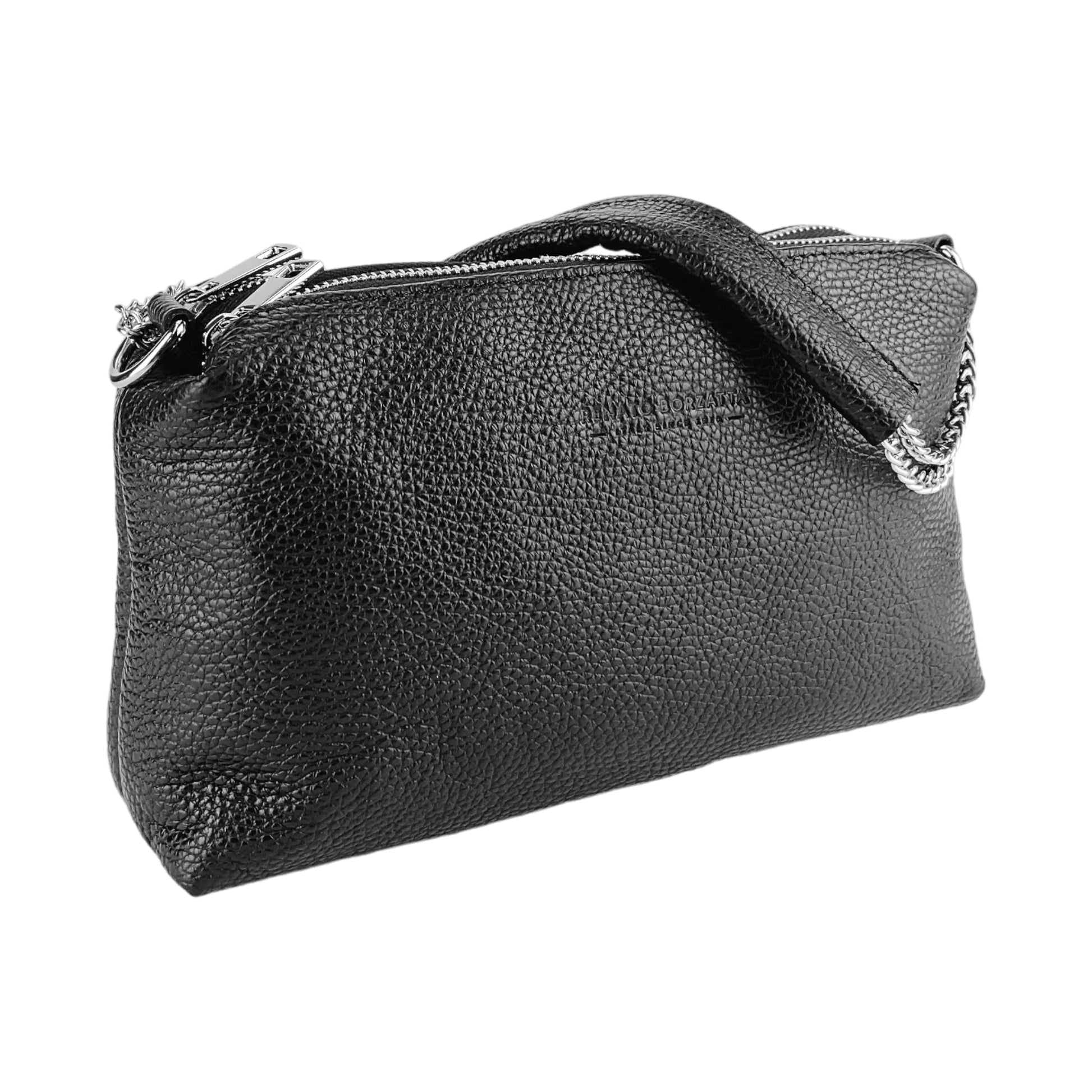 Black leather handbag with a chain detail on a white background