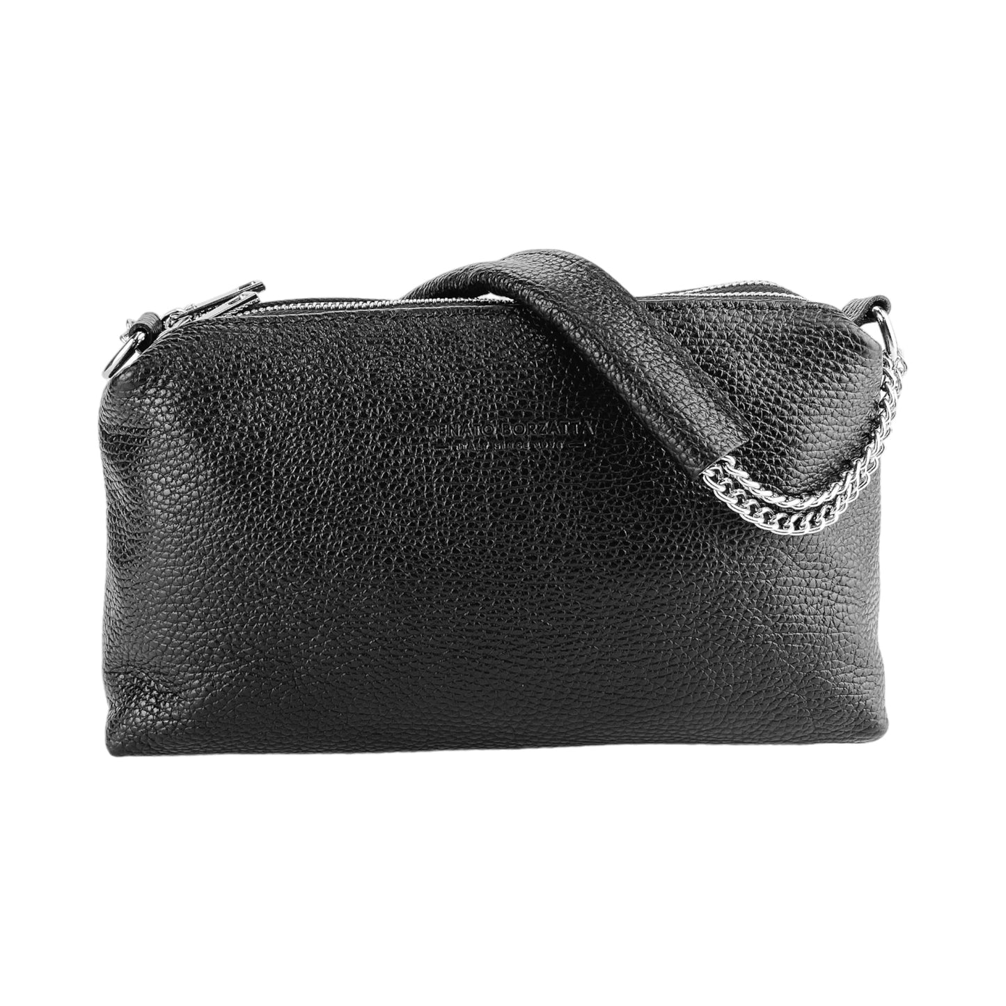 Black leather handbag with a chain detail on a white background