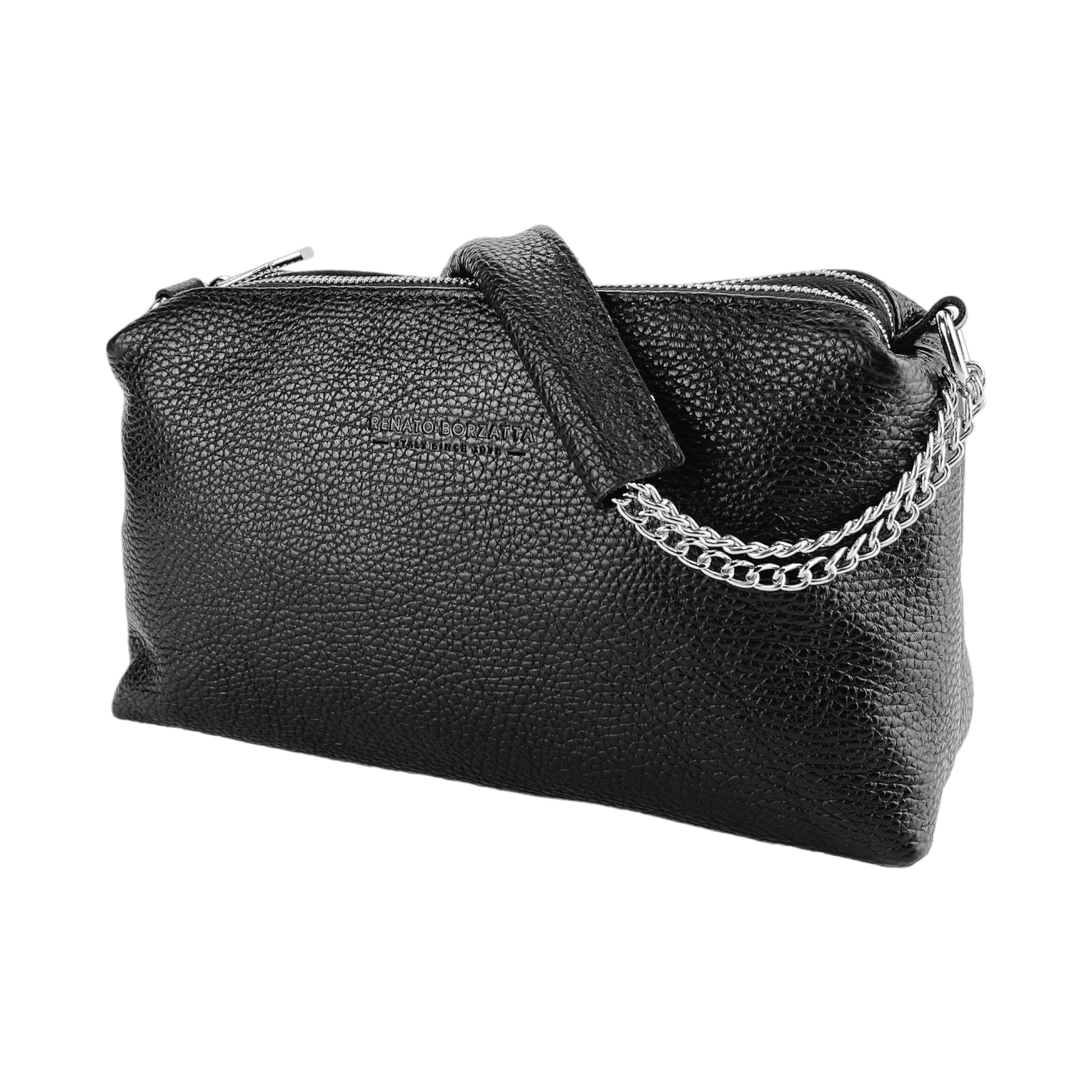 Black leather handbag with a chain detail on a white background