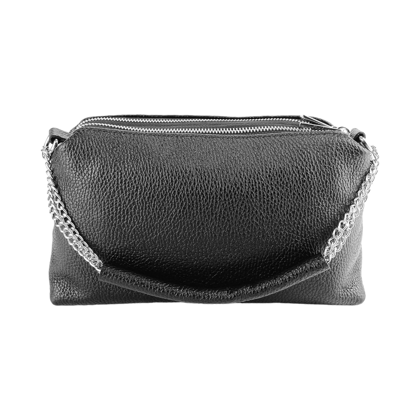 Black leather handbag with a chain detail on a white background