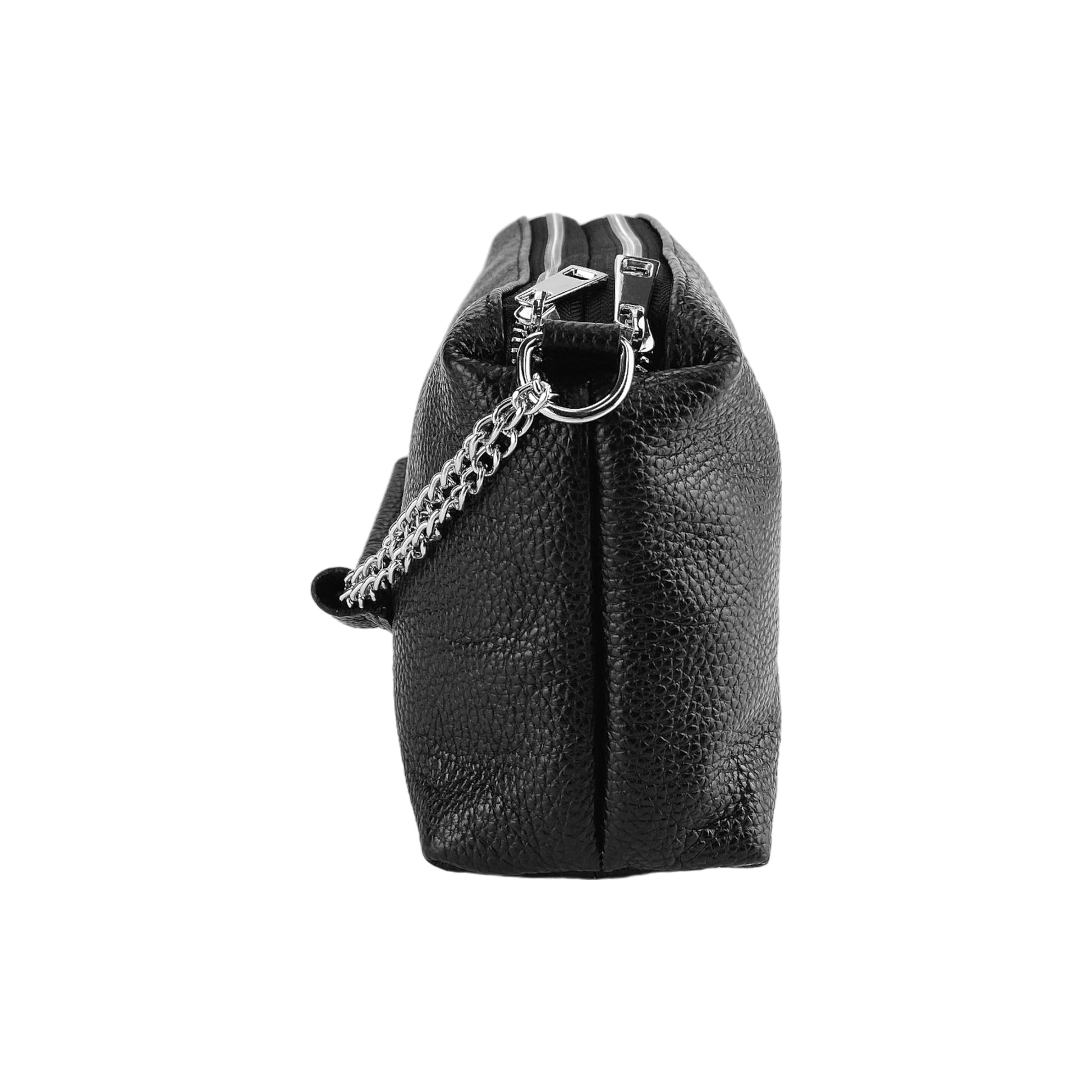 Black leather backpack with a chain detail on a white background
