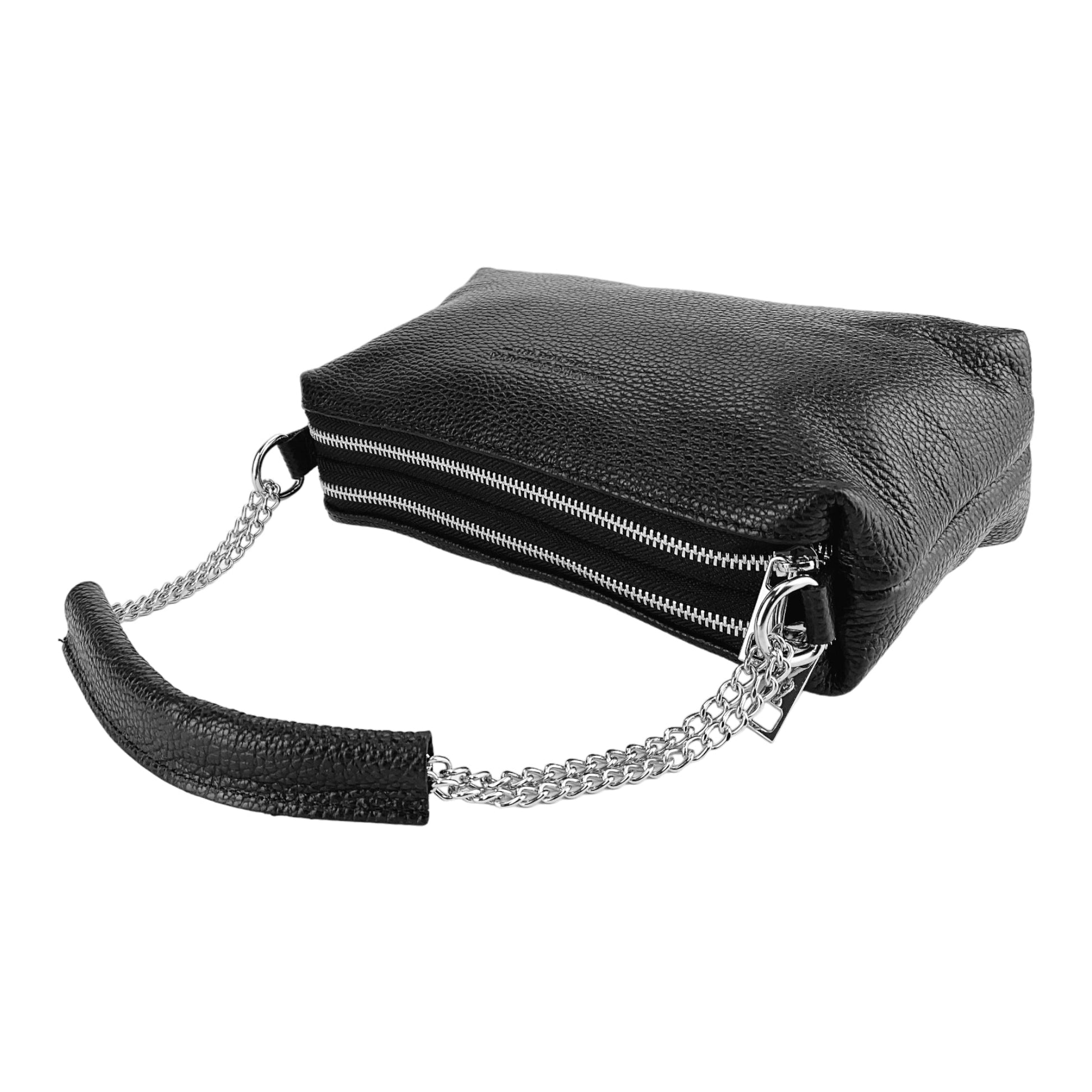 Black leather handbag with a chain detail on a white background
