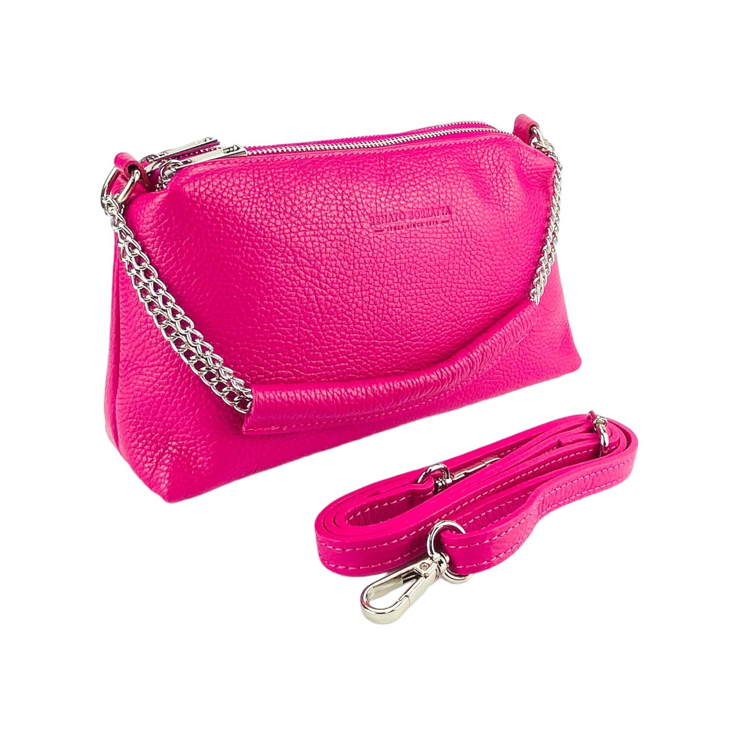 Pink handbag with a chain strap on a white background