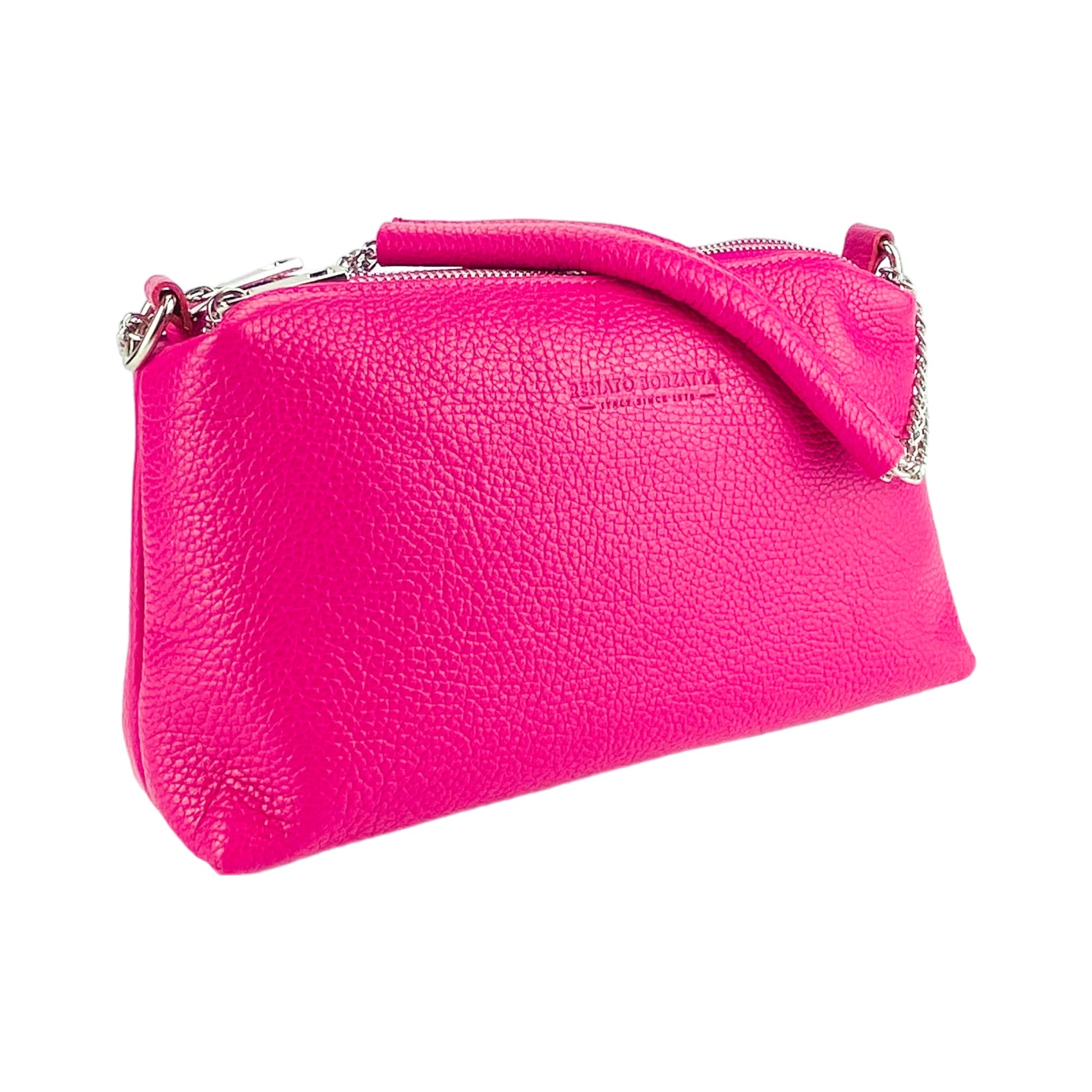 Pink handbag with a chain detail on a white background