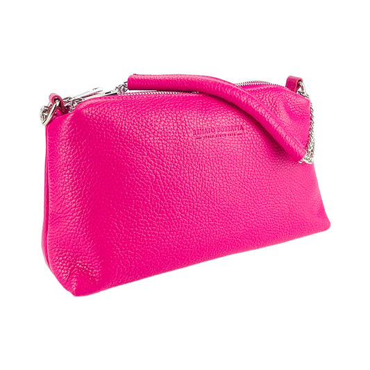 Pink handbag with a chain detail on a white background