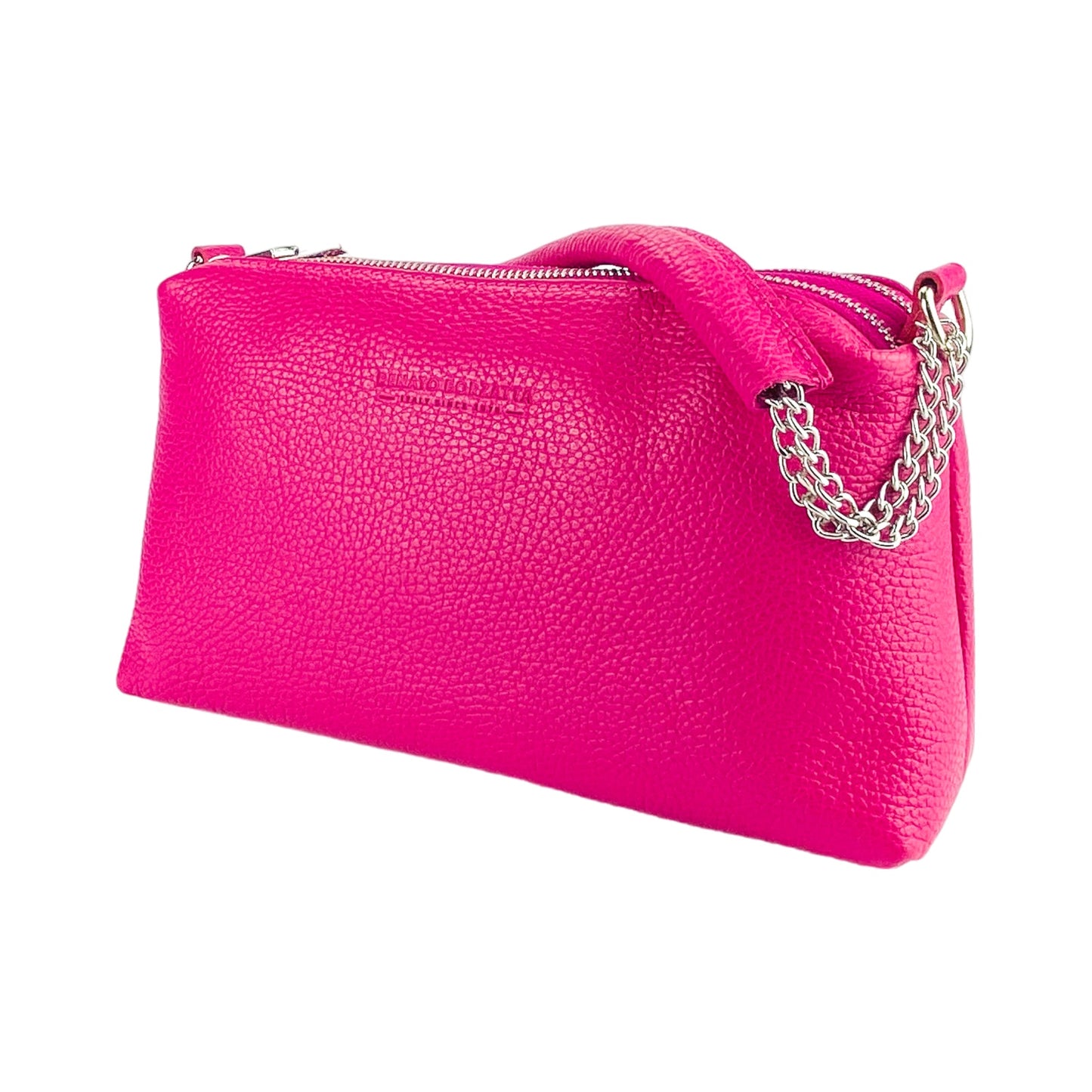 Pink handbag with a silver chain on a white background