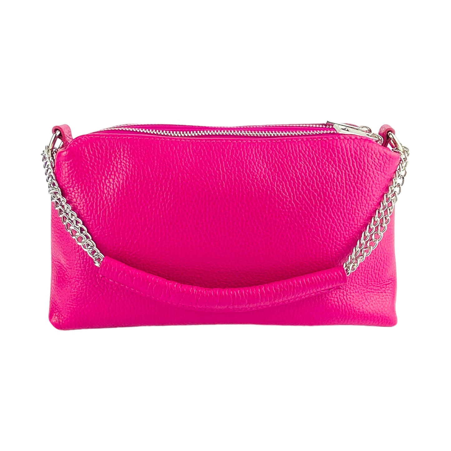 Pink clutch bag with a chain strap on a white background