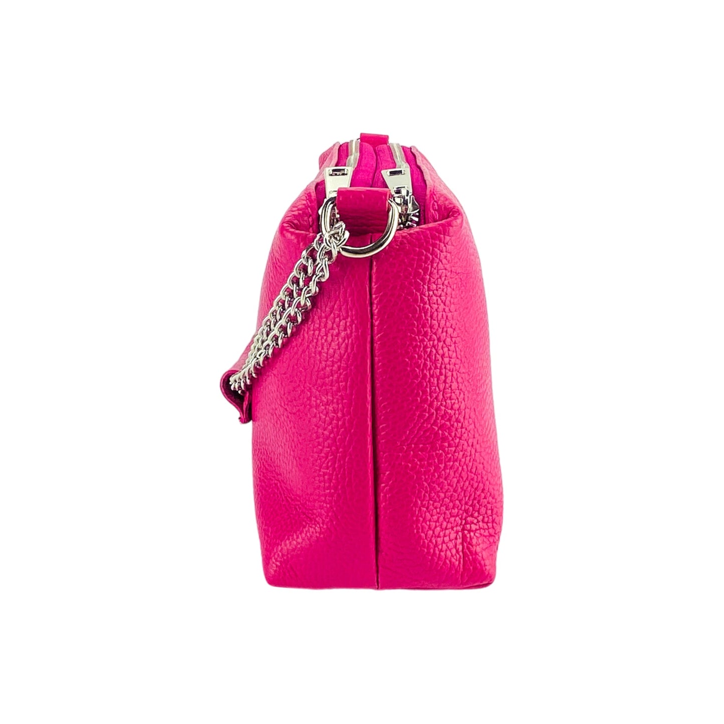 Pink handbag with a chain detail on a white background
