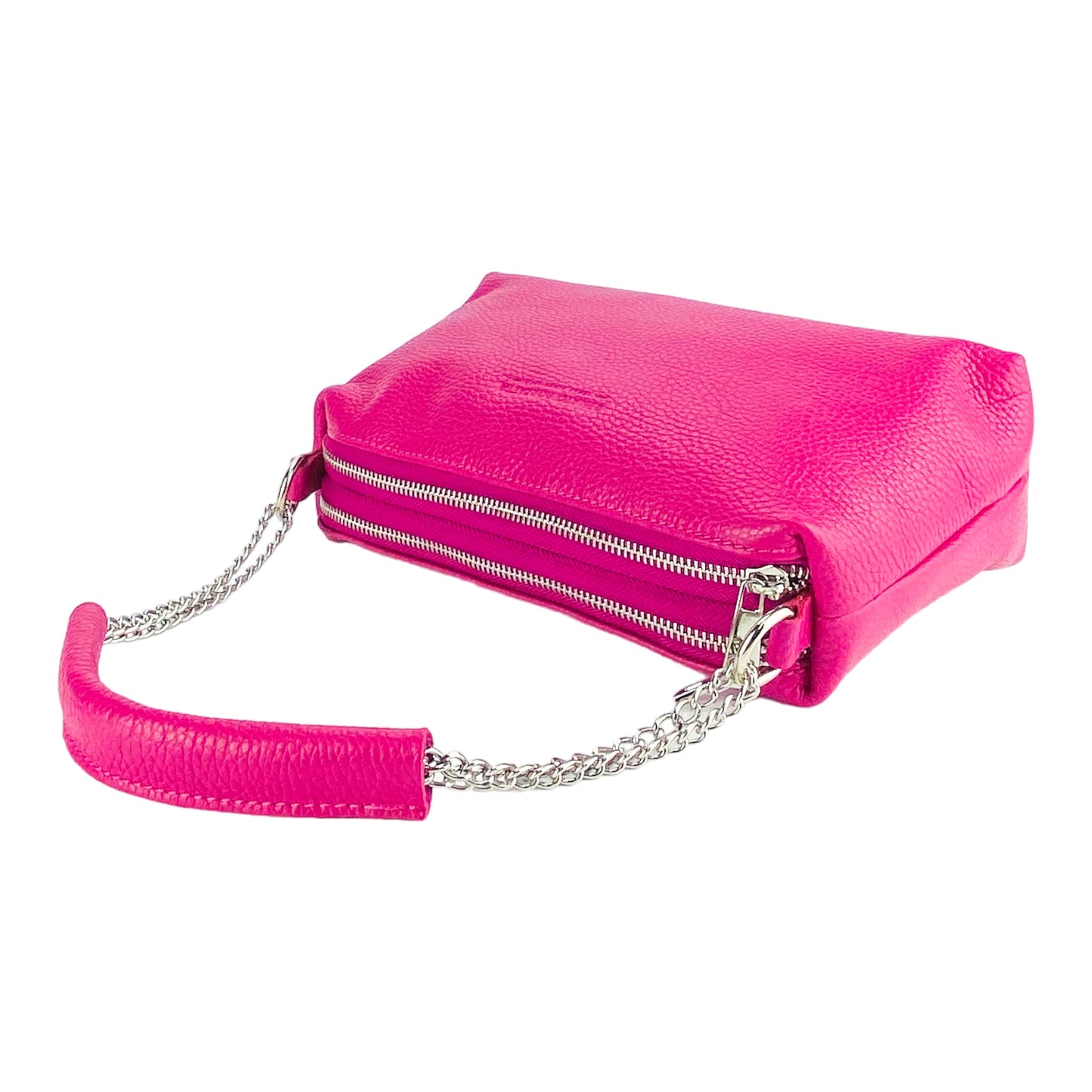 Pink handbag with a chain strap on a white background