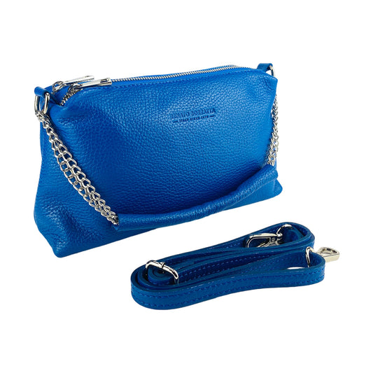 Blue leather clutch with chain strap on a white background