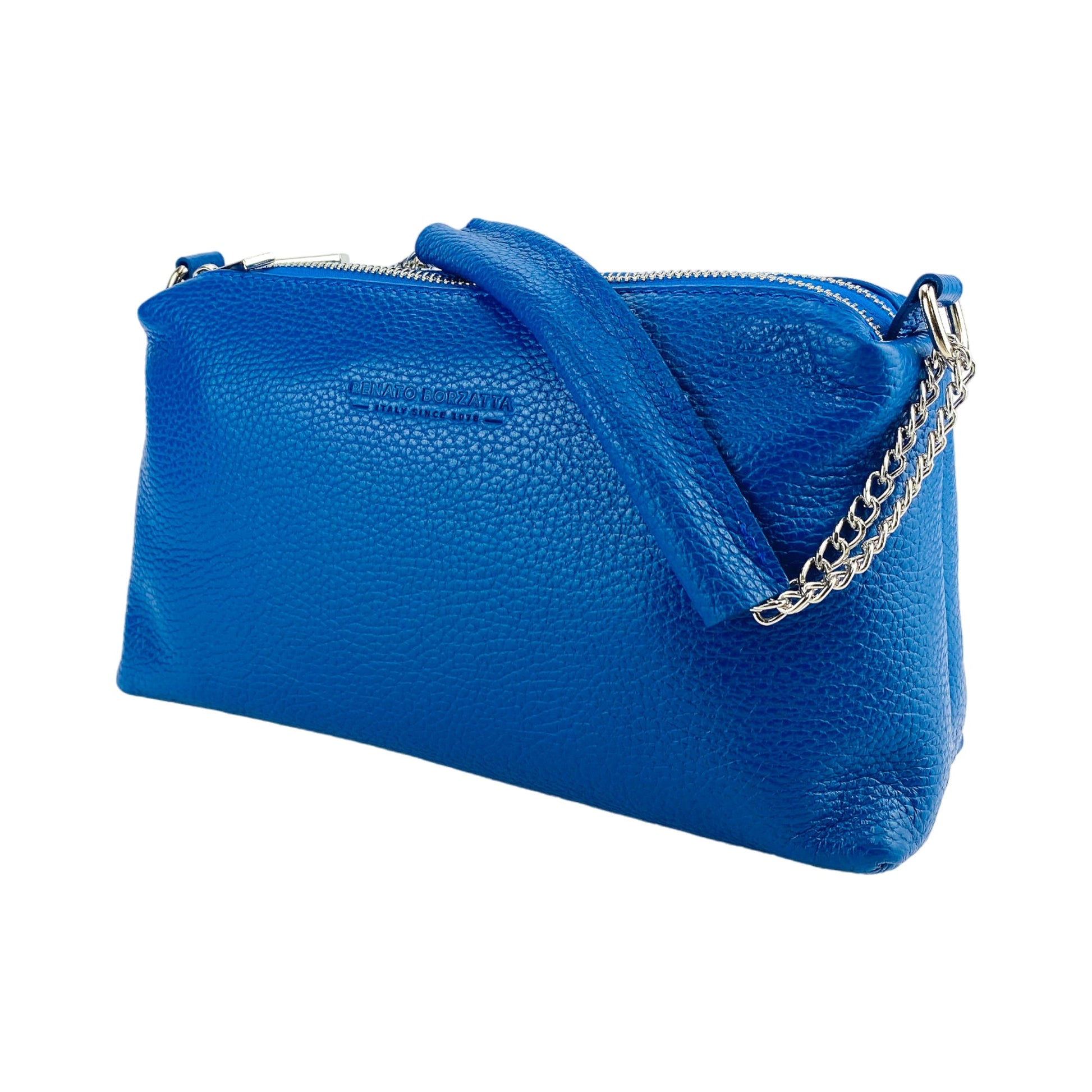 Blue leather handbag with a chain strap on a white background