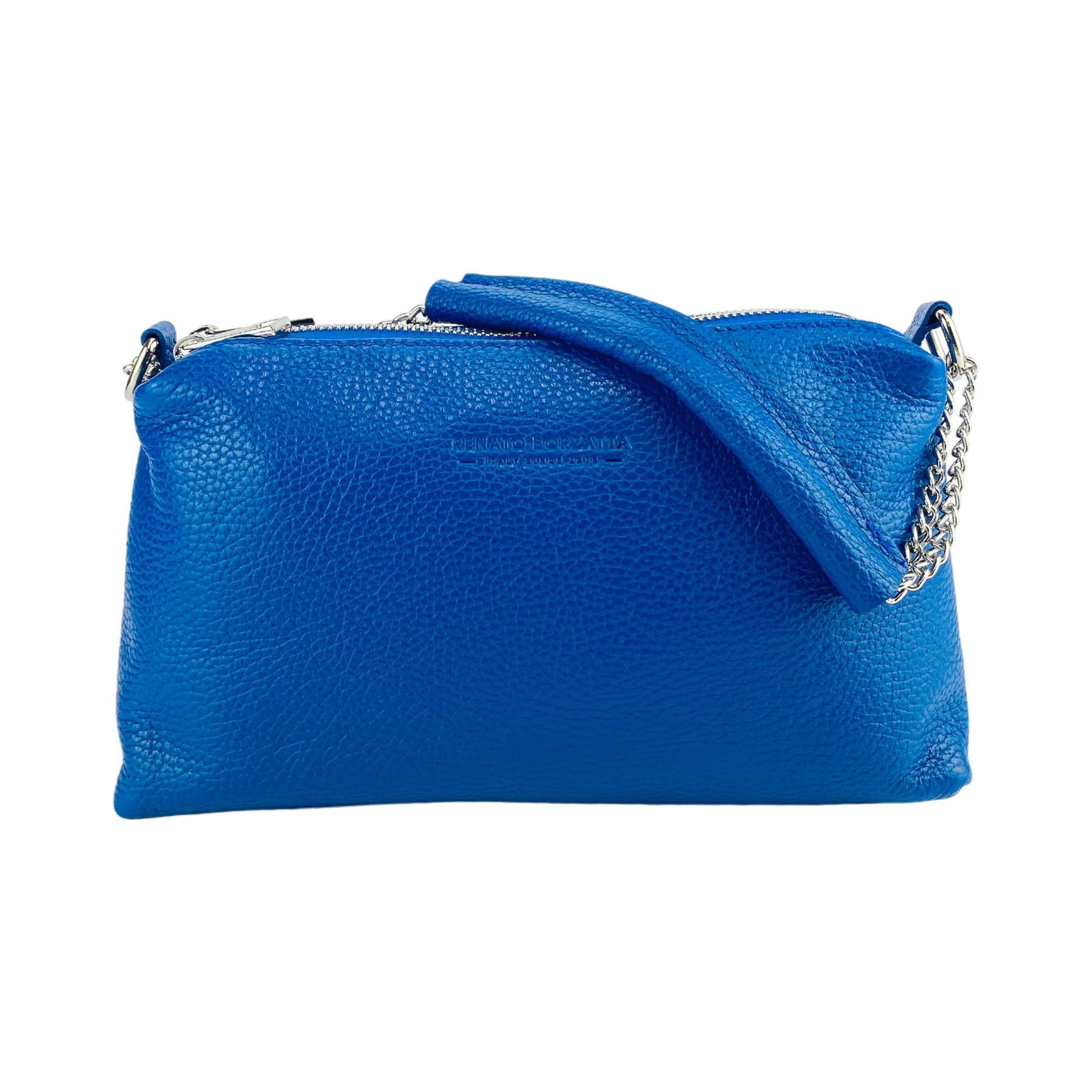 Blue leather handbag with a chain strap on a white background