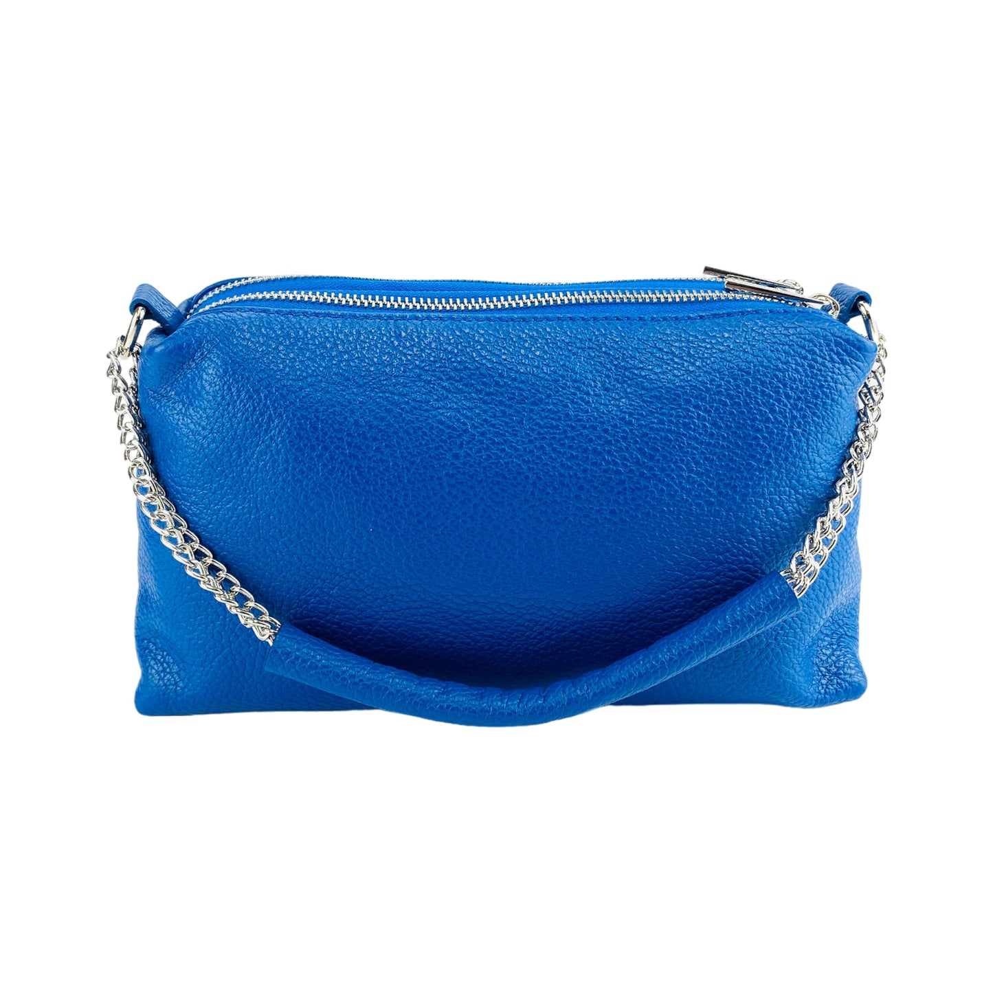 Blue clutch bag with a chain strap on a white background