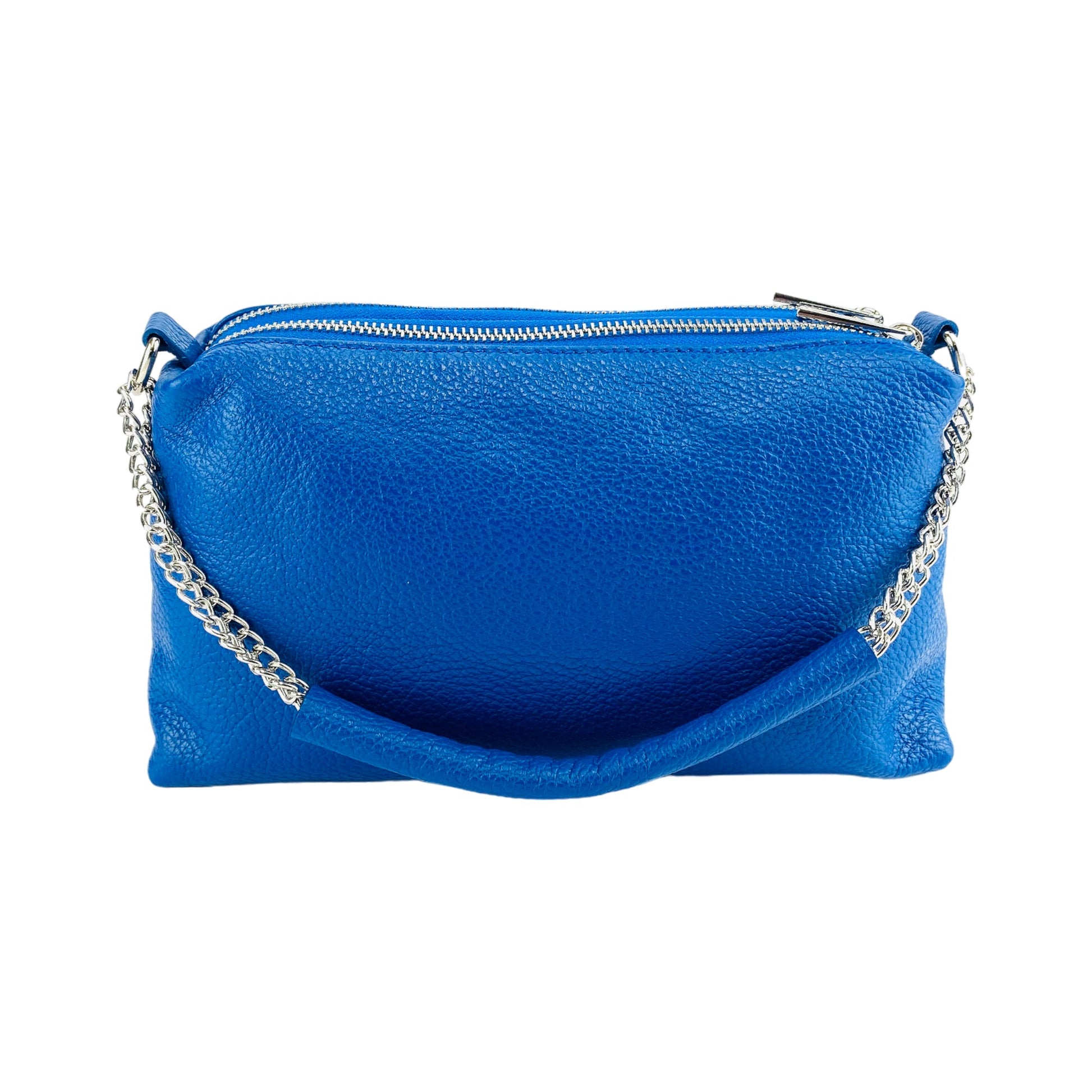 Blue clutch bag with a chain strap on a white background