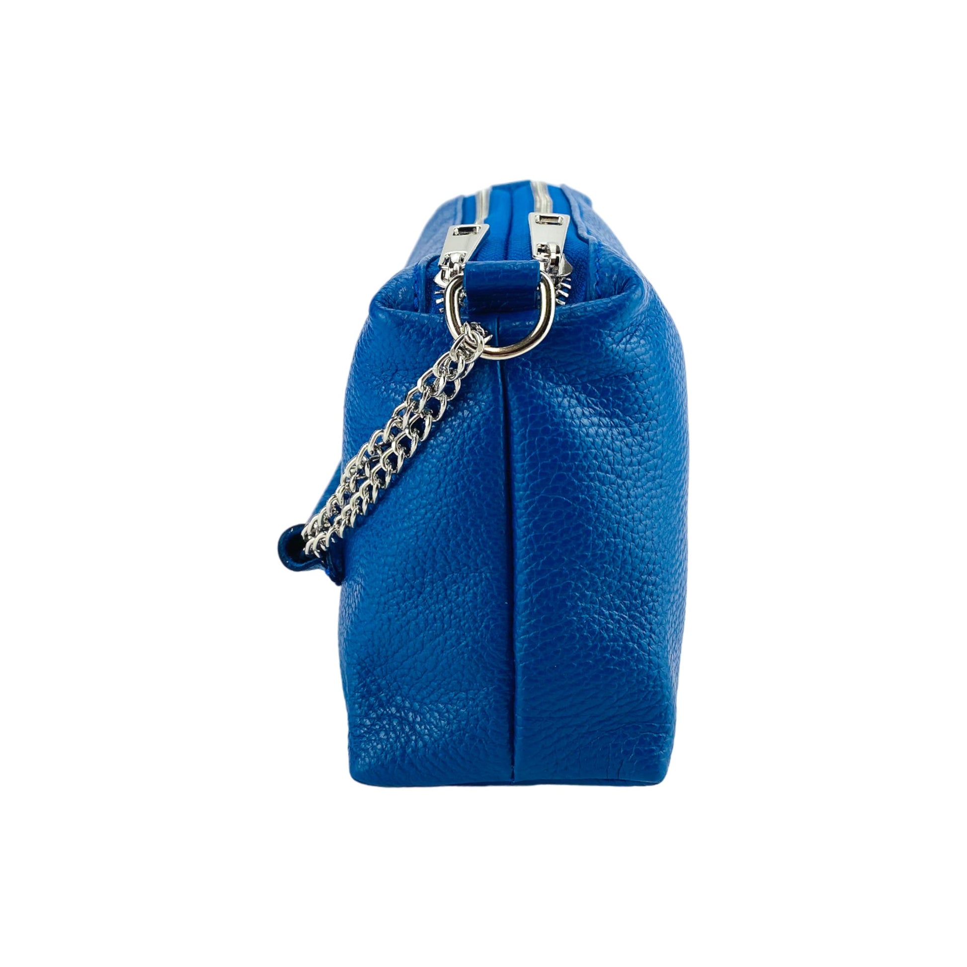 Blue handbag with a chain detail on a white background