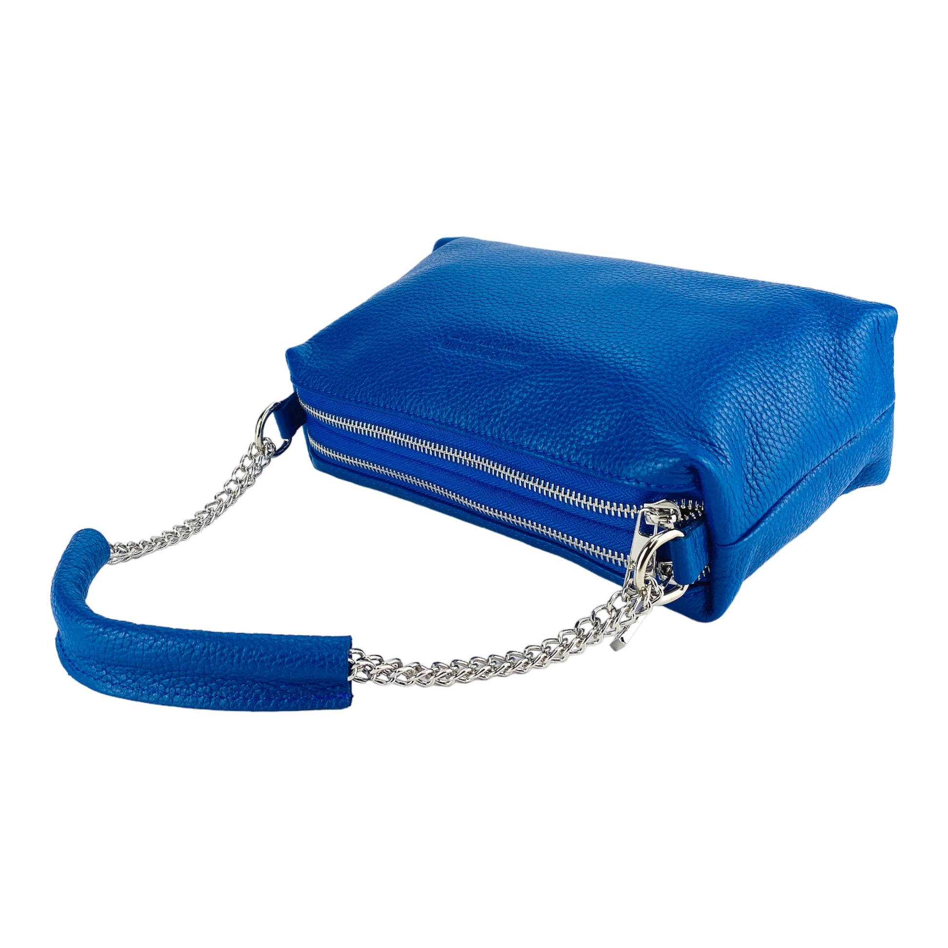 Blue handbag with a chain detail on a white background