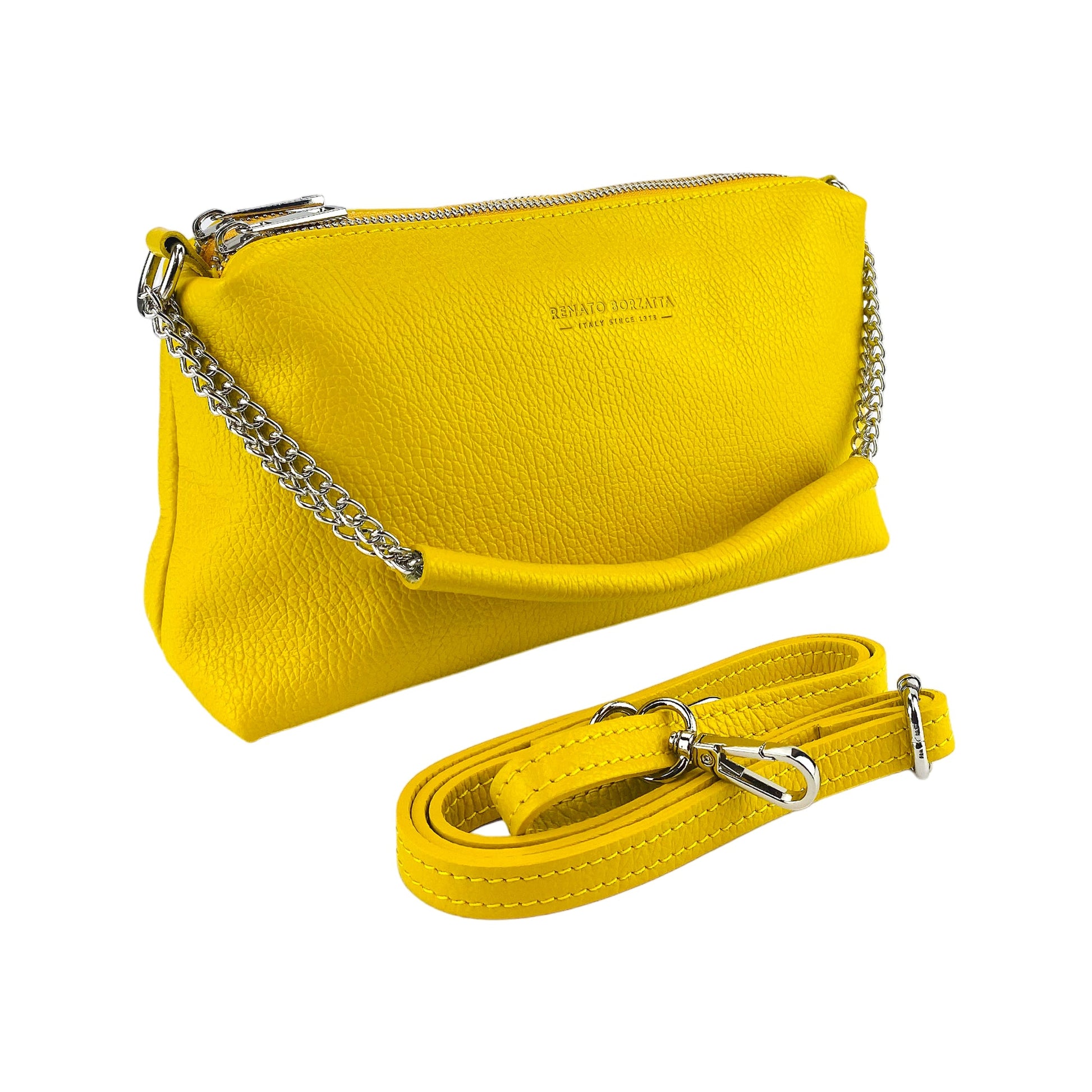 Yellow handbag with chain detail on a white background