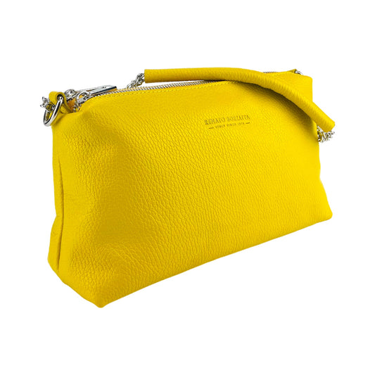 Yellow handbag with a brand logo on a white background