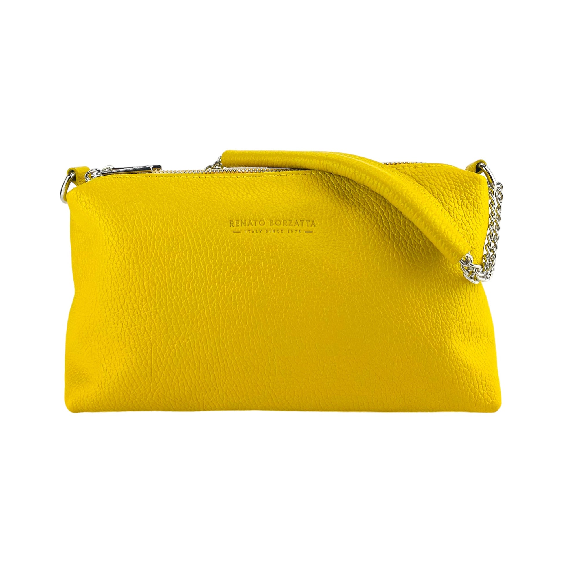 Yellow handbag with a chain detail on a white background