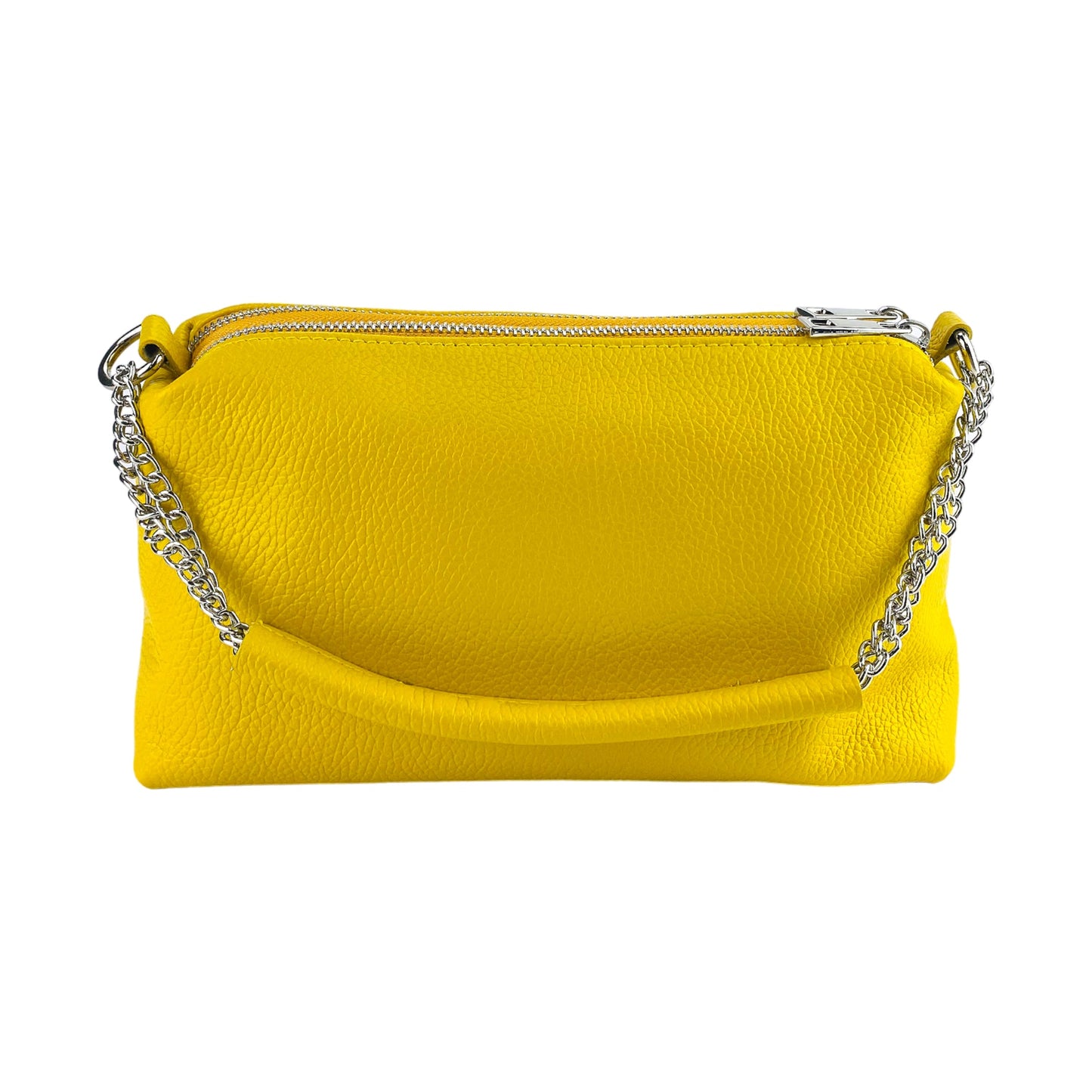 Yellow clutch bag with a chain detail on a white background