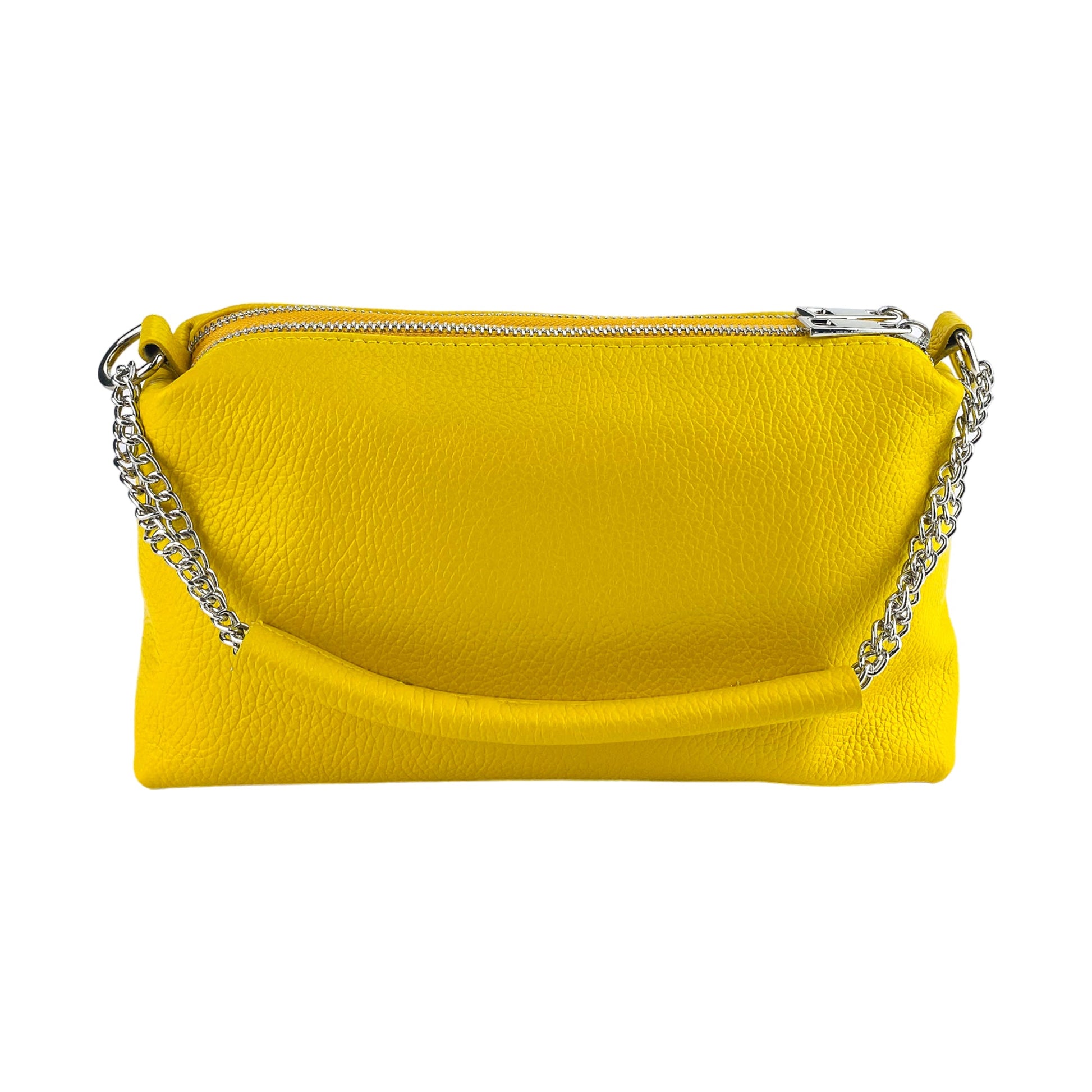Yellow clutch bag with a chain detail on a white background