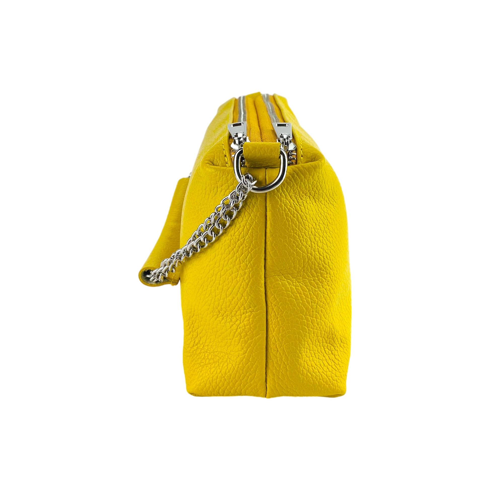 Yellow handbag with a chain detail on a white background