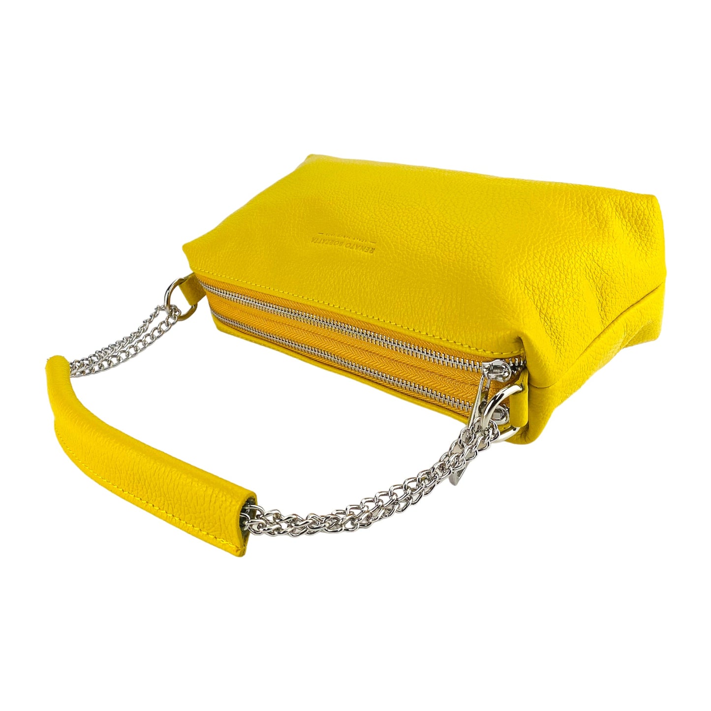 Yellow handbag with a chain strap on a white background