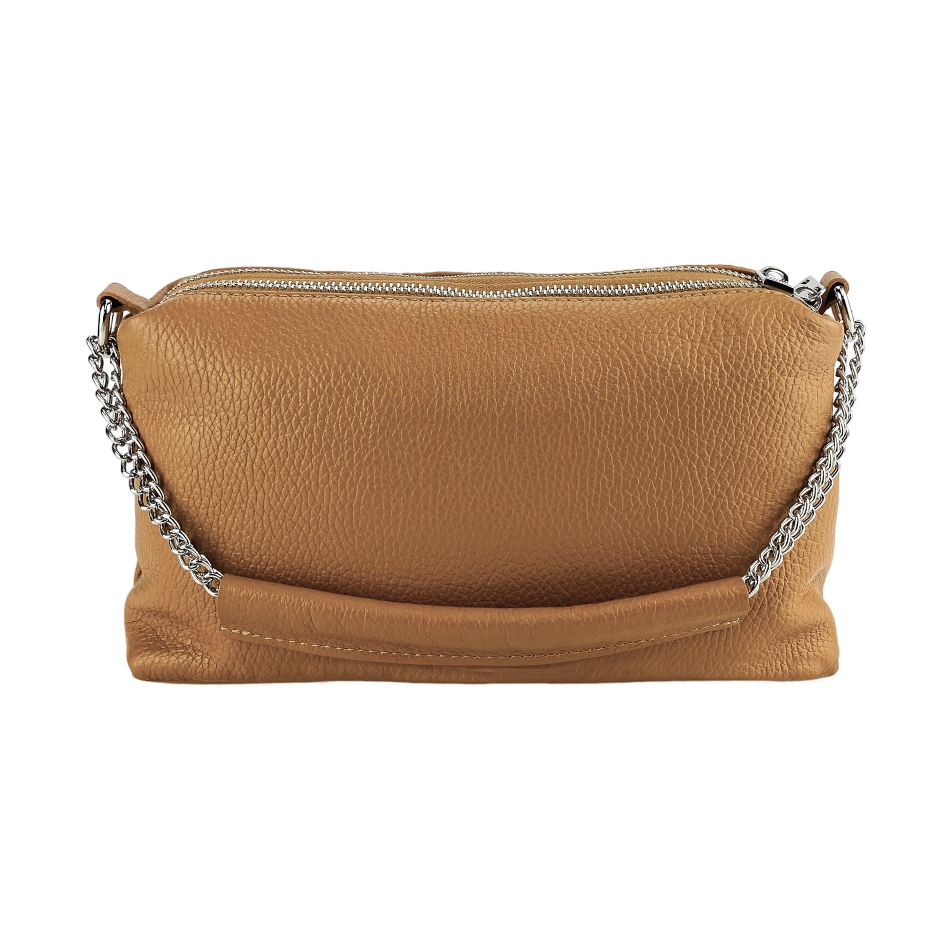 Brown leather handbag with a chain detail on a white background