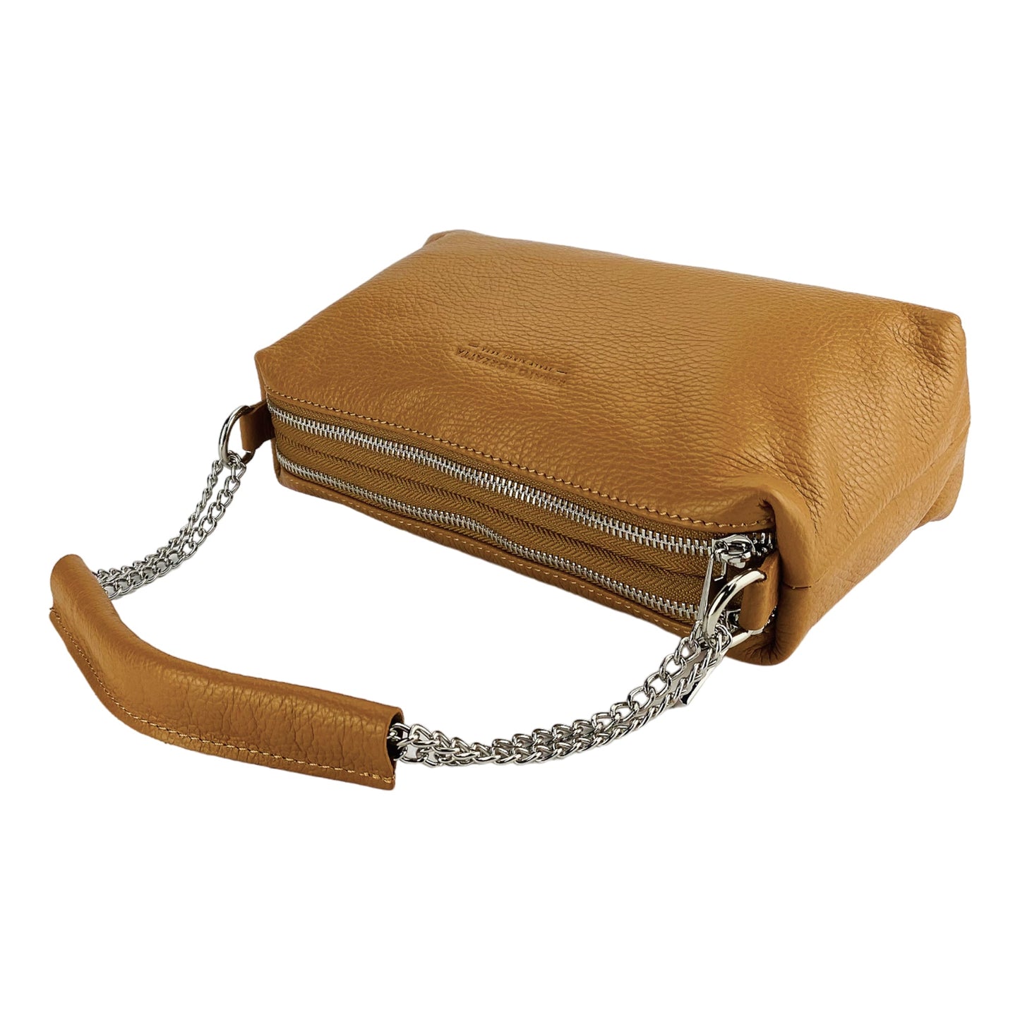 Brown leather handbag with chain strap on a white background