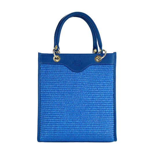 Blue handbag with gold accents on a white background