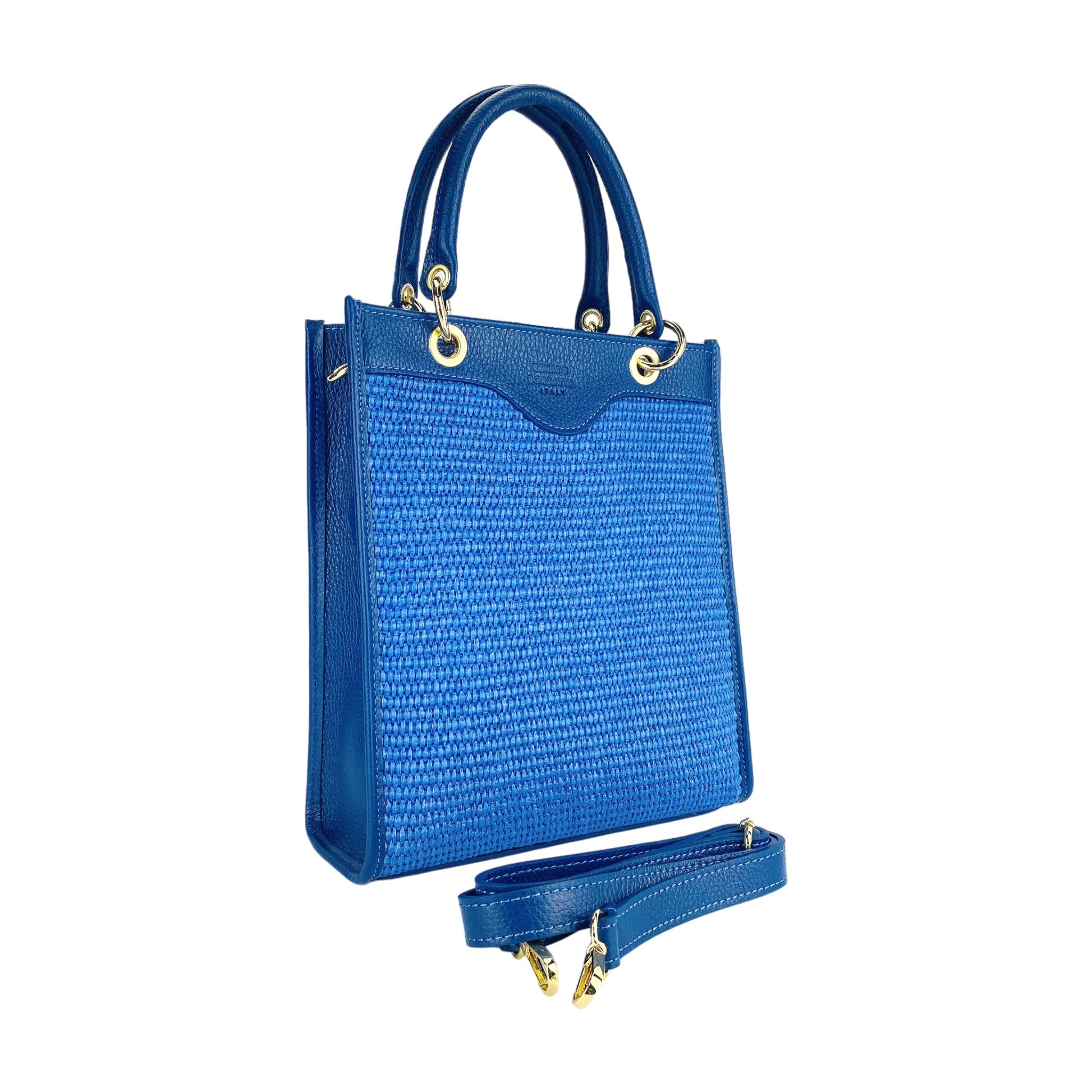 Blue handbag with a strap on a white background