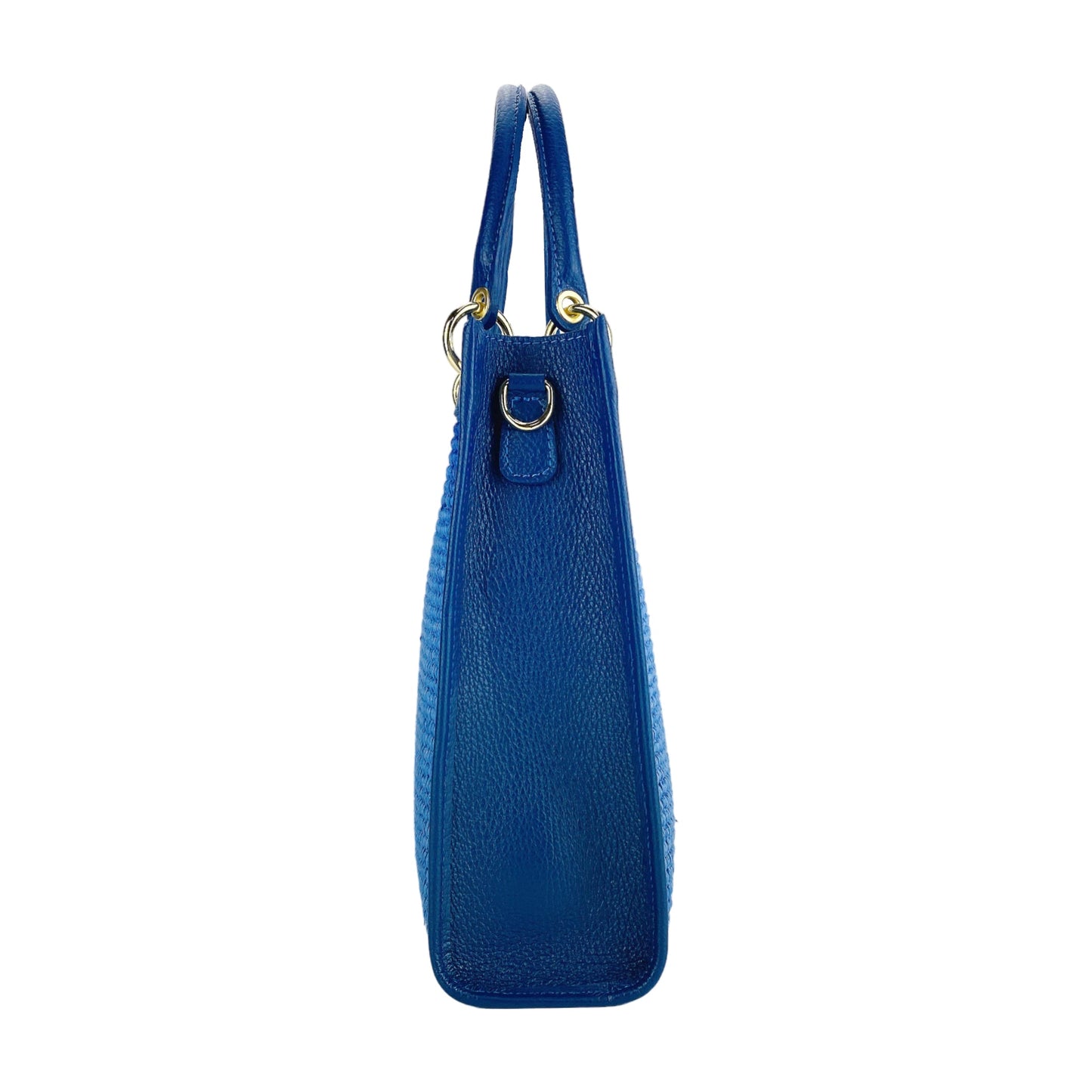 Blue handbag with gold accents on a white background