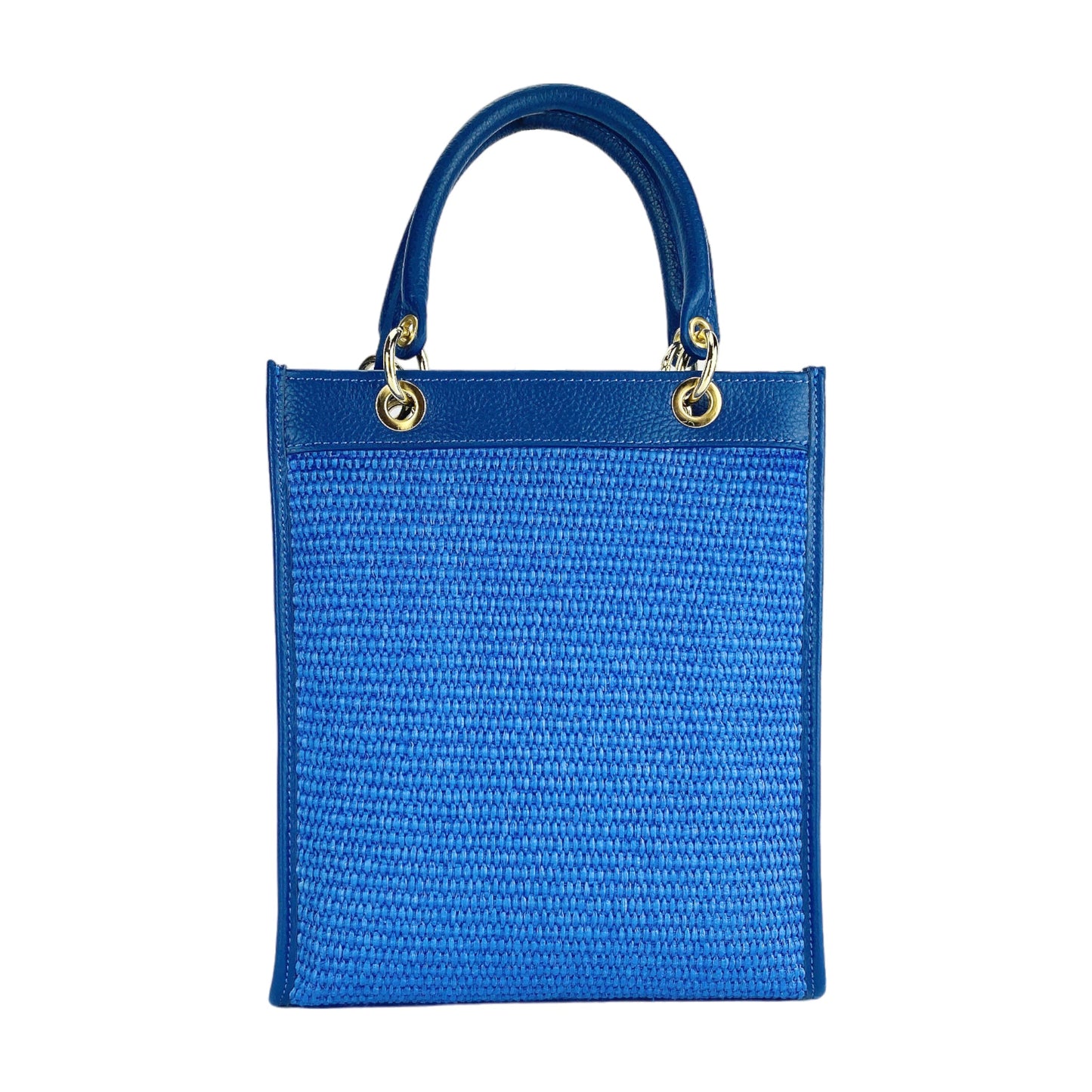 Blue woven handbag with gold handles on a white background